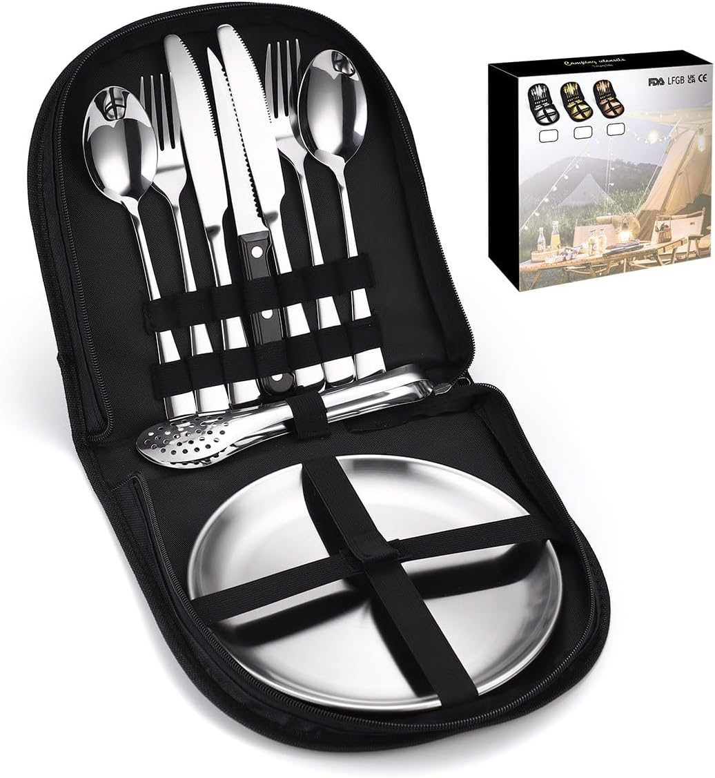 Portable Outdoor Cutlery Set for Picnic, Camping Dinnerware Set with Spoon Fork Knife, 10 Piece Mess Kit for 2, Stainless Steel Silverware Set with Organizer, Travel Camping Flatware Set (Silver) image number 2
