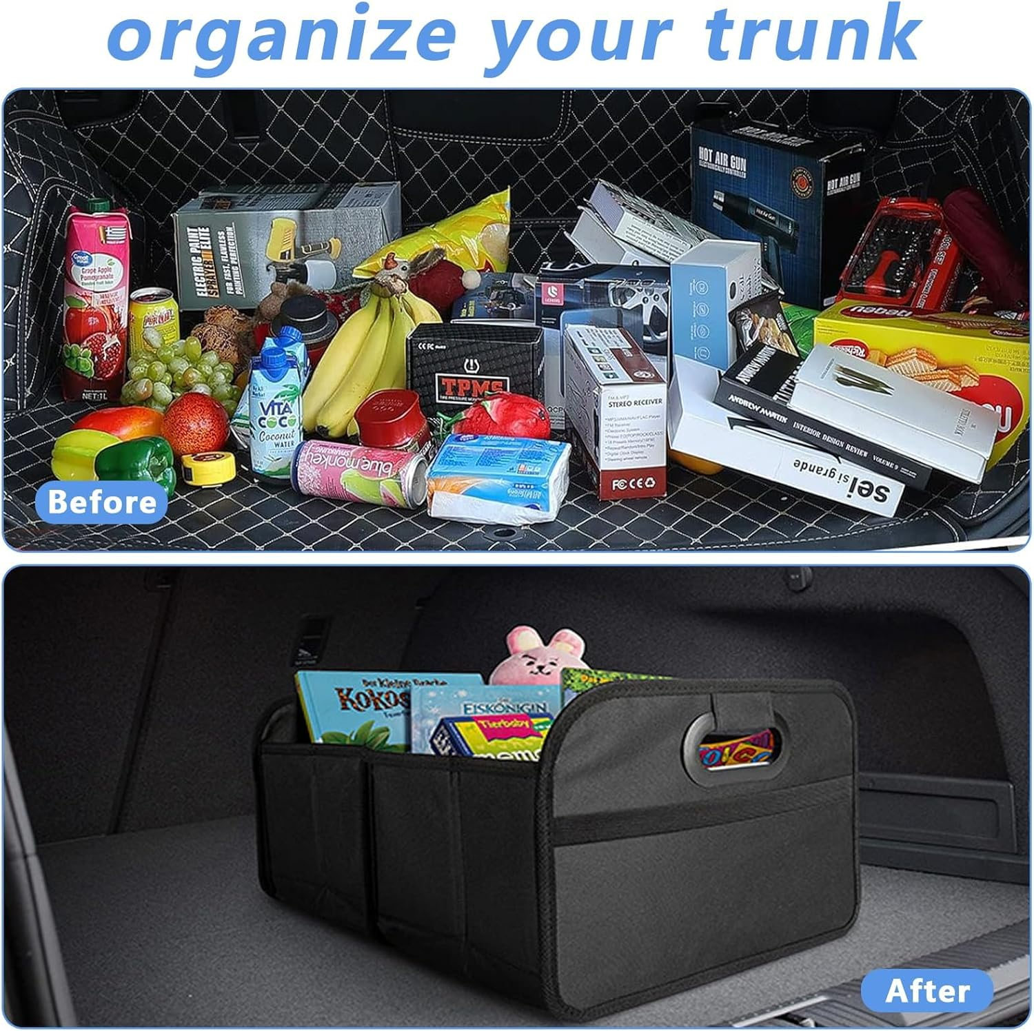ZANZER Car Boot Organiser, Car Storage Organiser with Reinforced Base and Comfort Handle, Car Tidy Accessories, Collapsible Multi Compartment Car Organiser image number 1