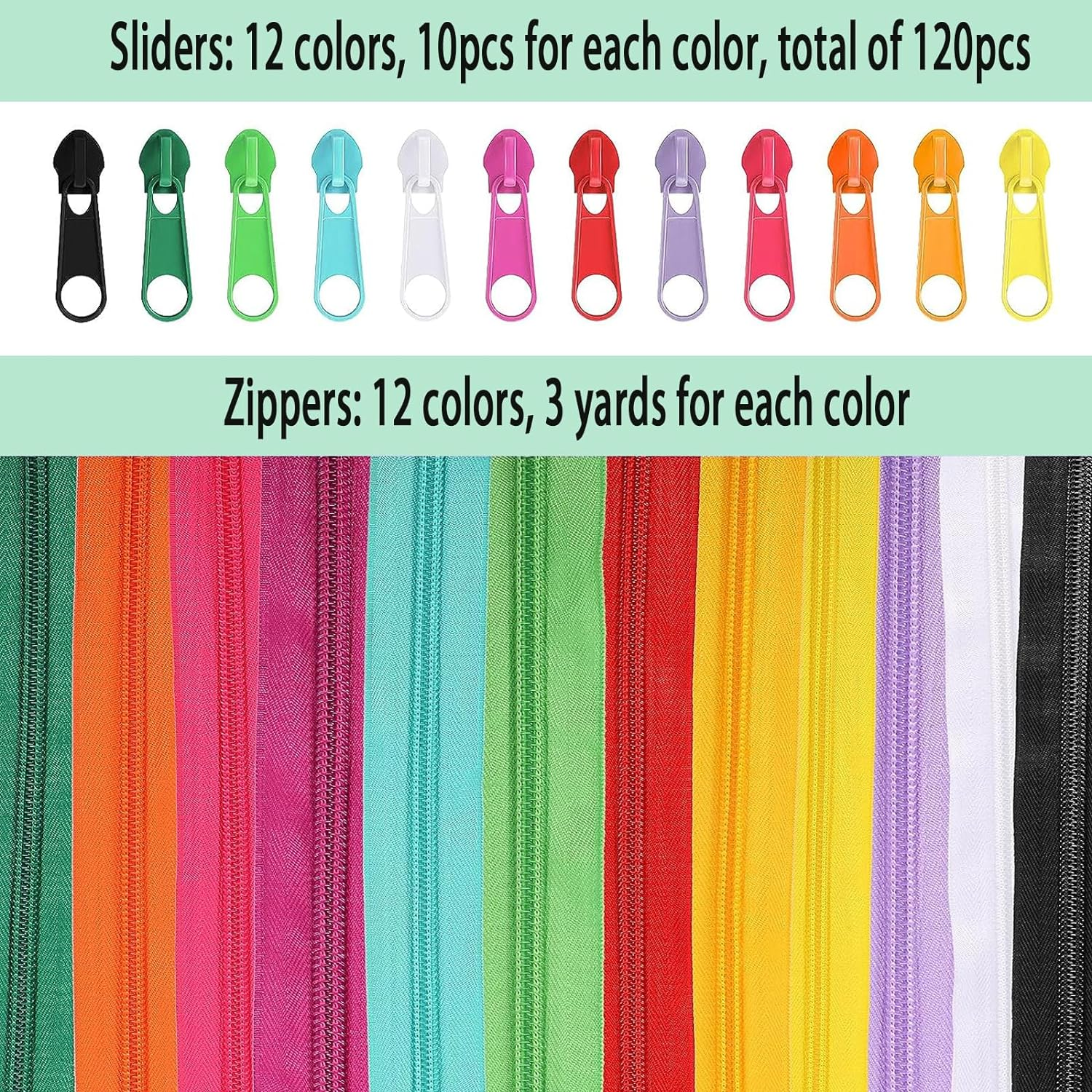 Jotia 12Pcs/ 36 Yards #3 Nylon Coil Zippers with 120Pcs Match Zipper Sliders Assortment Kit, 12 Bright Colors Zipper Repair Kit Sewing Zippers Zipper Heads Bulk Zippers for DIY Sewing Craft Bags image number 6