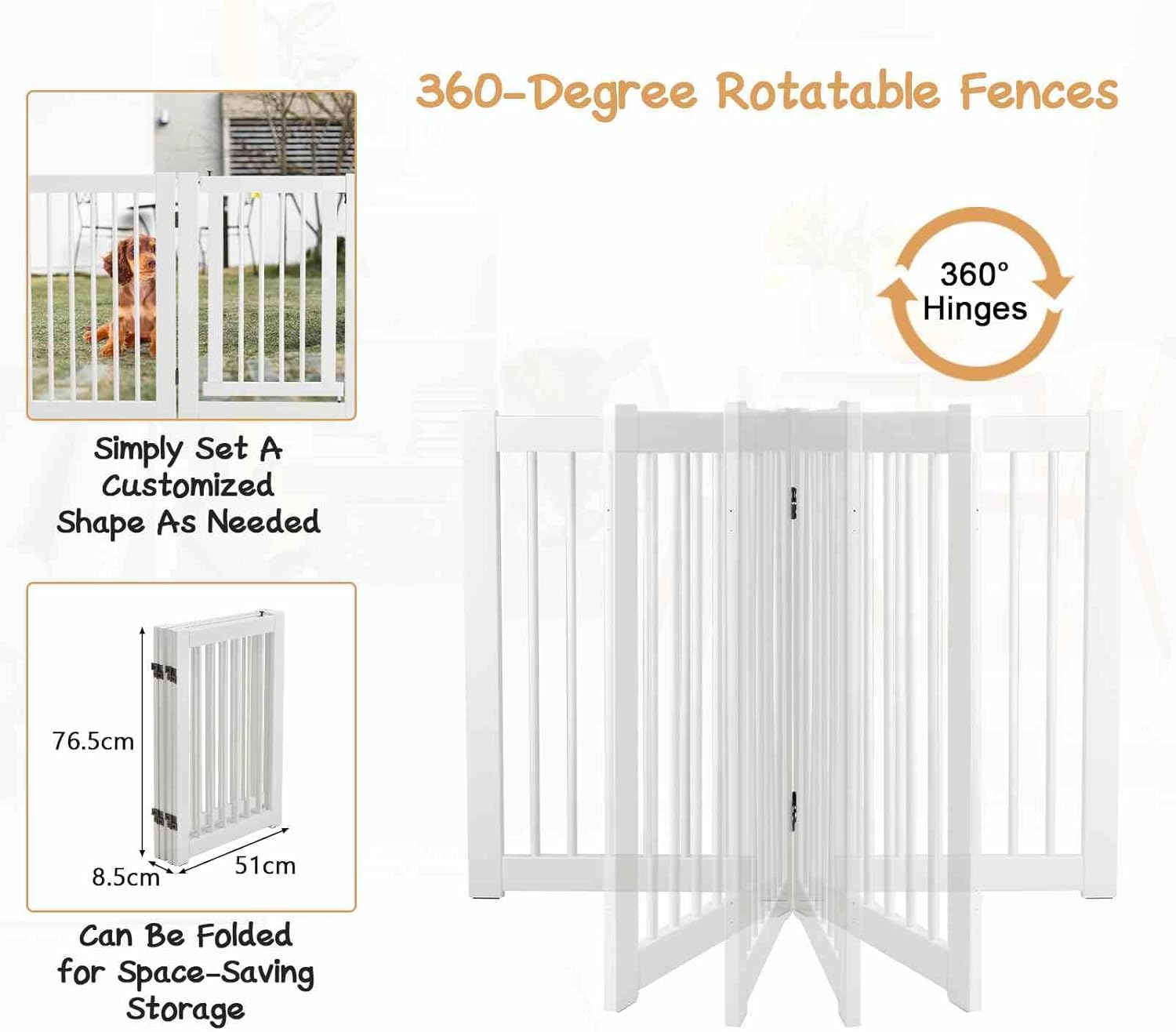 Costway 207 X 77 Cm Freestanding Pet Gate, 4 Panel Retractable Wooden Folding Dog Fence W/Walk through Door, 360&deg; Rotatable, Indoor Safety Gates for Stairs Doorways Hallways Bedrooms (White, 4 Panel) - White image number 4