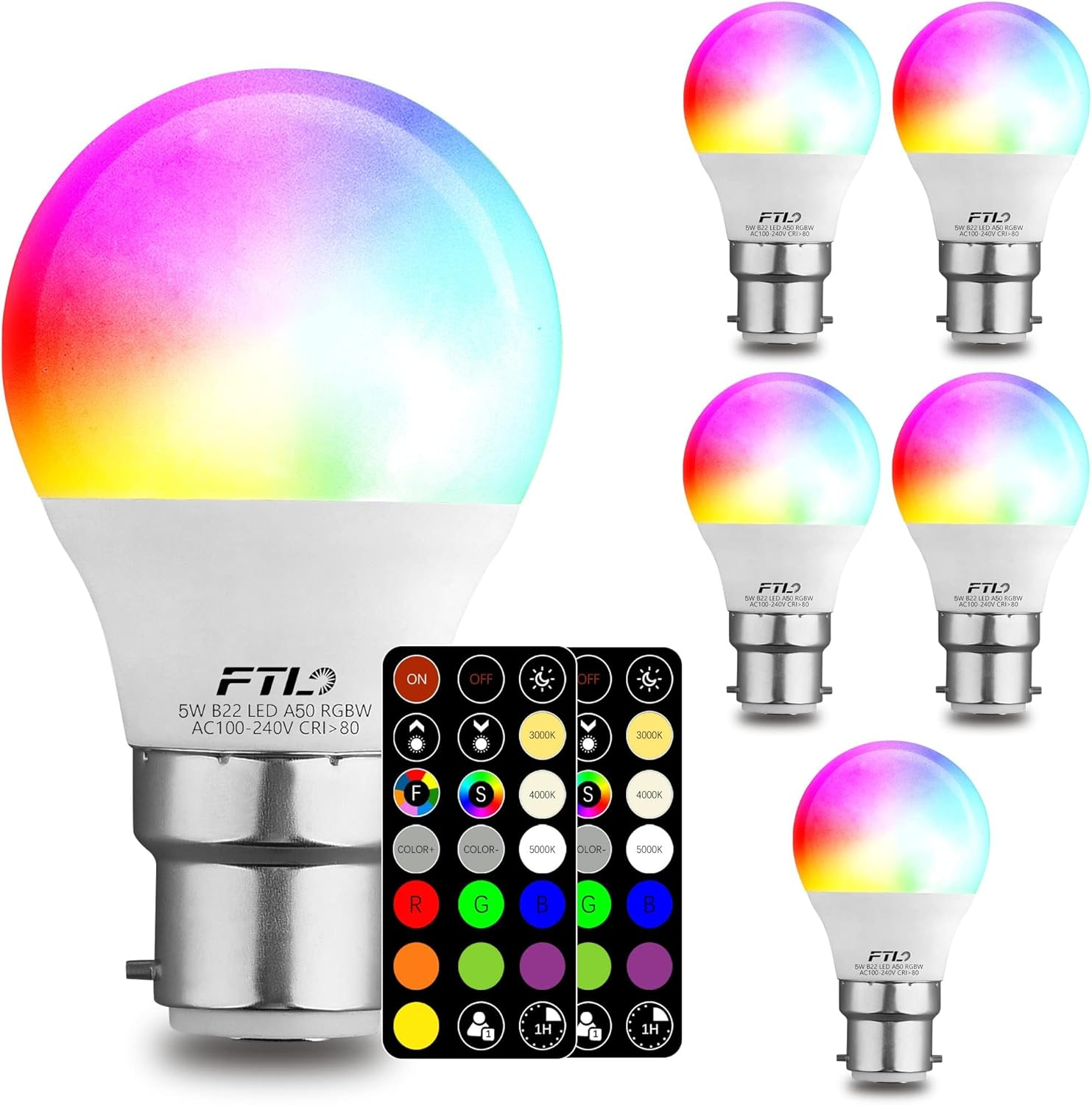 FTL RGB Colour Changing LED Bulb with Remote Control, B22 Bayonet Light Bulb 5W 40W Equivalent Dimmable, A50 Multicolour Light Bulb for Home Decoration Party Mood Lighting 6-Pack