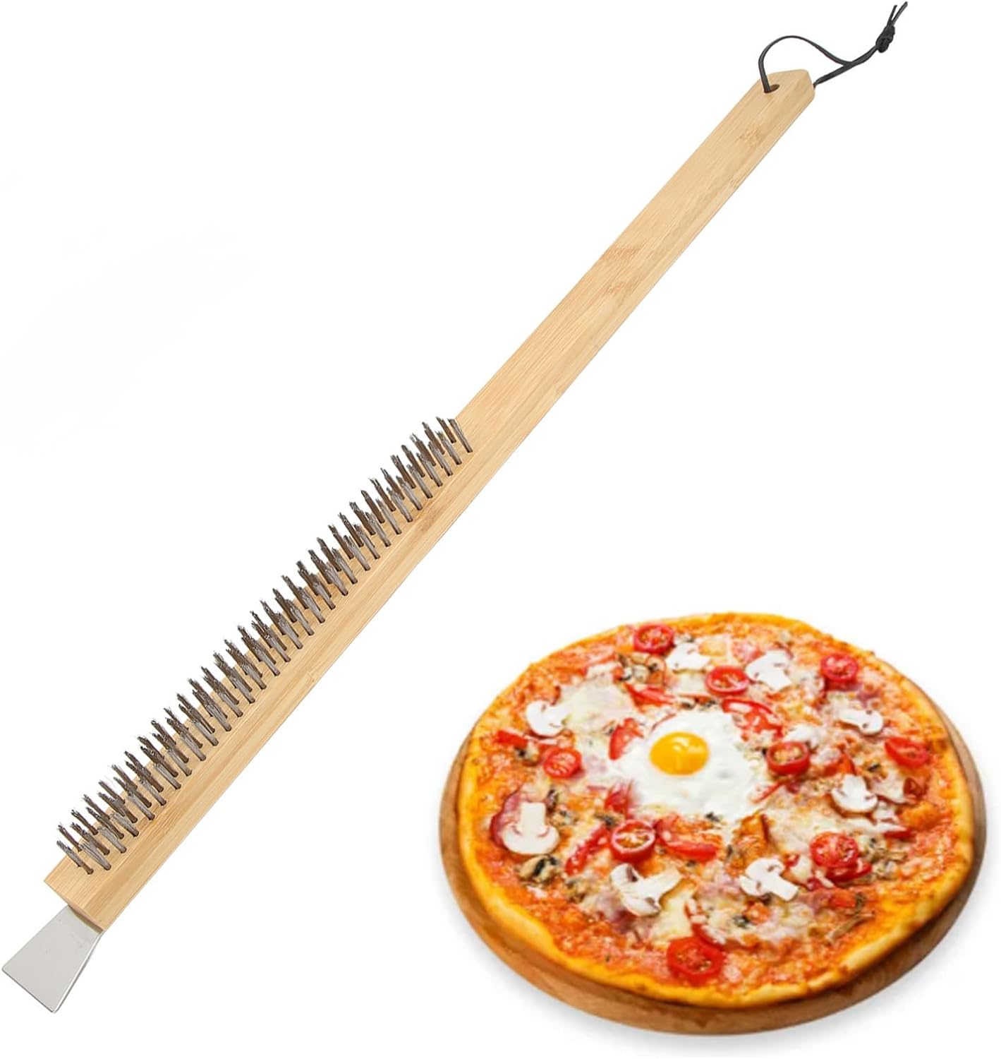 Pizza Oven Brush with Scraper Szczotka Do Pieca Do Pizzy with Scraper, Heat Resistant BBQ Grill Brush for Outdoor Ovens, Wire Grill Brush with Handle Brushes image number 4