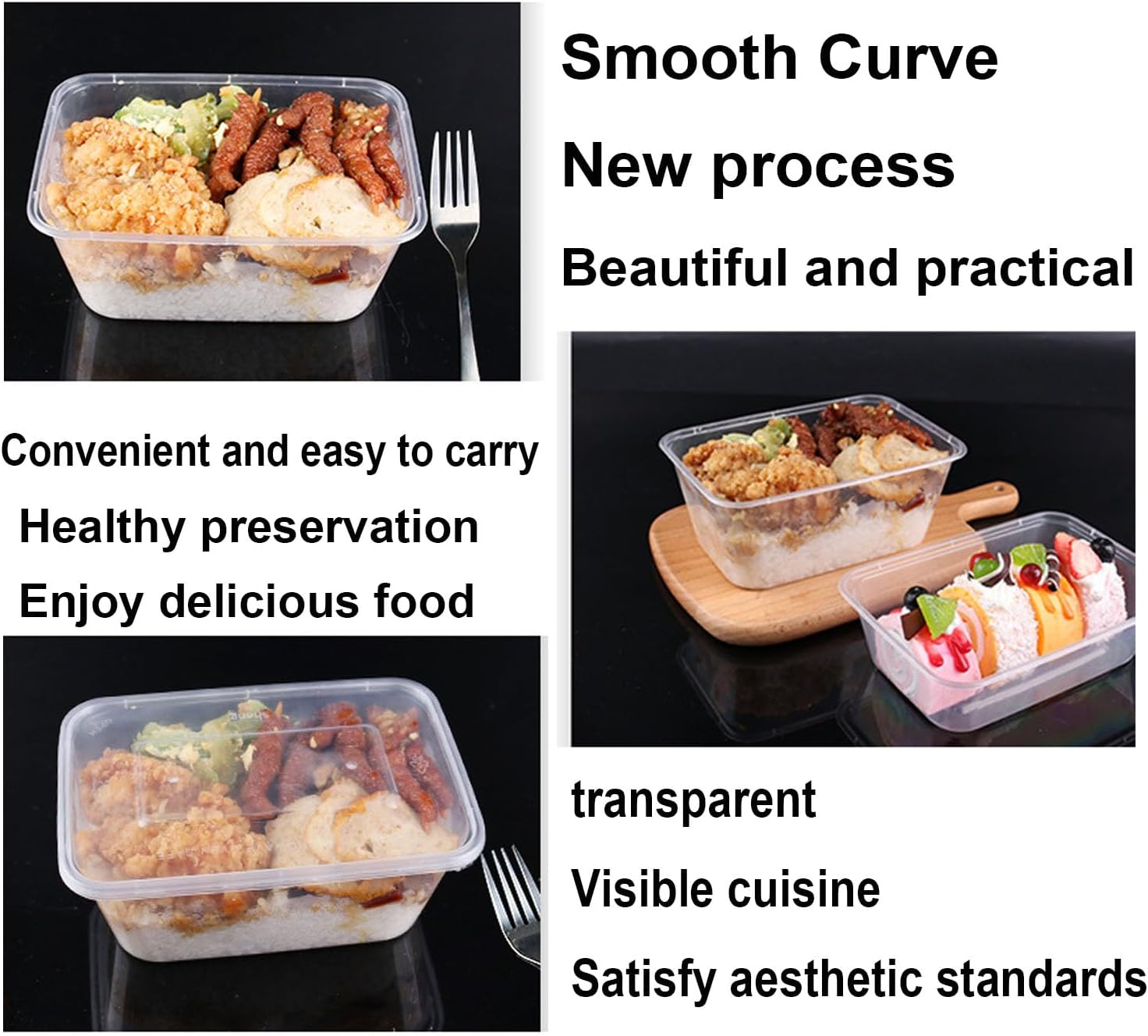 50 Packs Rectangular Plastic Covered Takeaway Box Container, Takeaway Food Container, Reusable Plastic Container, 500Ml Takeaway Container, Restaurant Packaging Box image number 2