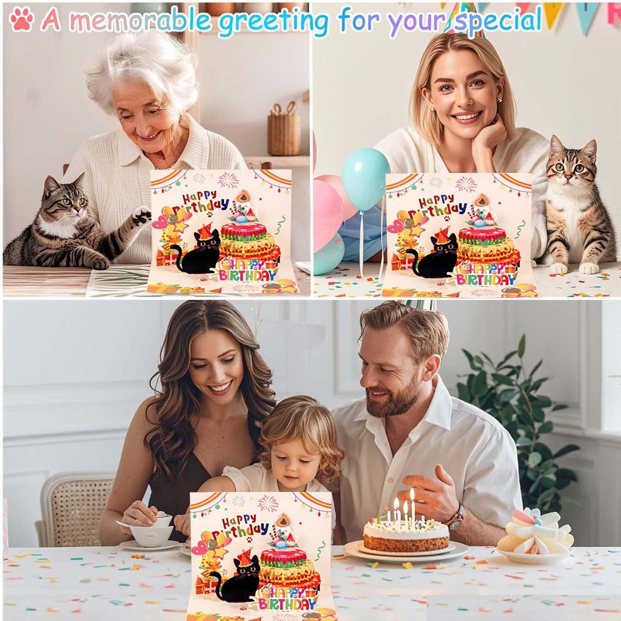 Musical Birthday Card with Lights,3D Happy Birthday Card with "Cat Meowing" and "Happy Birthday to You" Song &ldquo; for Men, Women, Kids, Family, and Friends image number 2