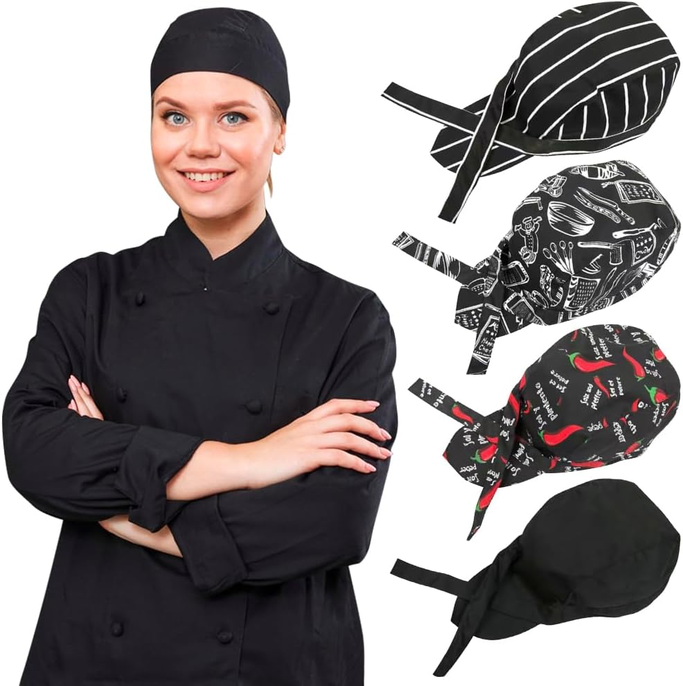 4 Pack Adjustable Tie Back Chef Cap - Breathable Cooking Kitchen Hat for Women & Men