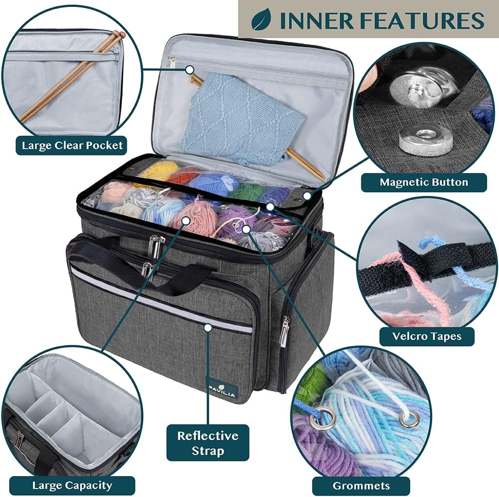 PAVILIA Knitting Bag Yarn Storage Tote, Large Crochet Organizer Bag, Yarn Storage Holder for Crocheting Knitter, Knitting Project Bag, Crochet Accessories Set, Gifts for Crochet Lovers - Charcoal Grey image number 4