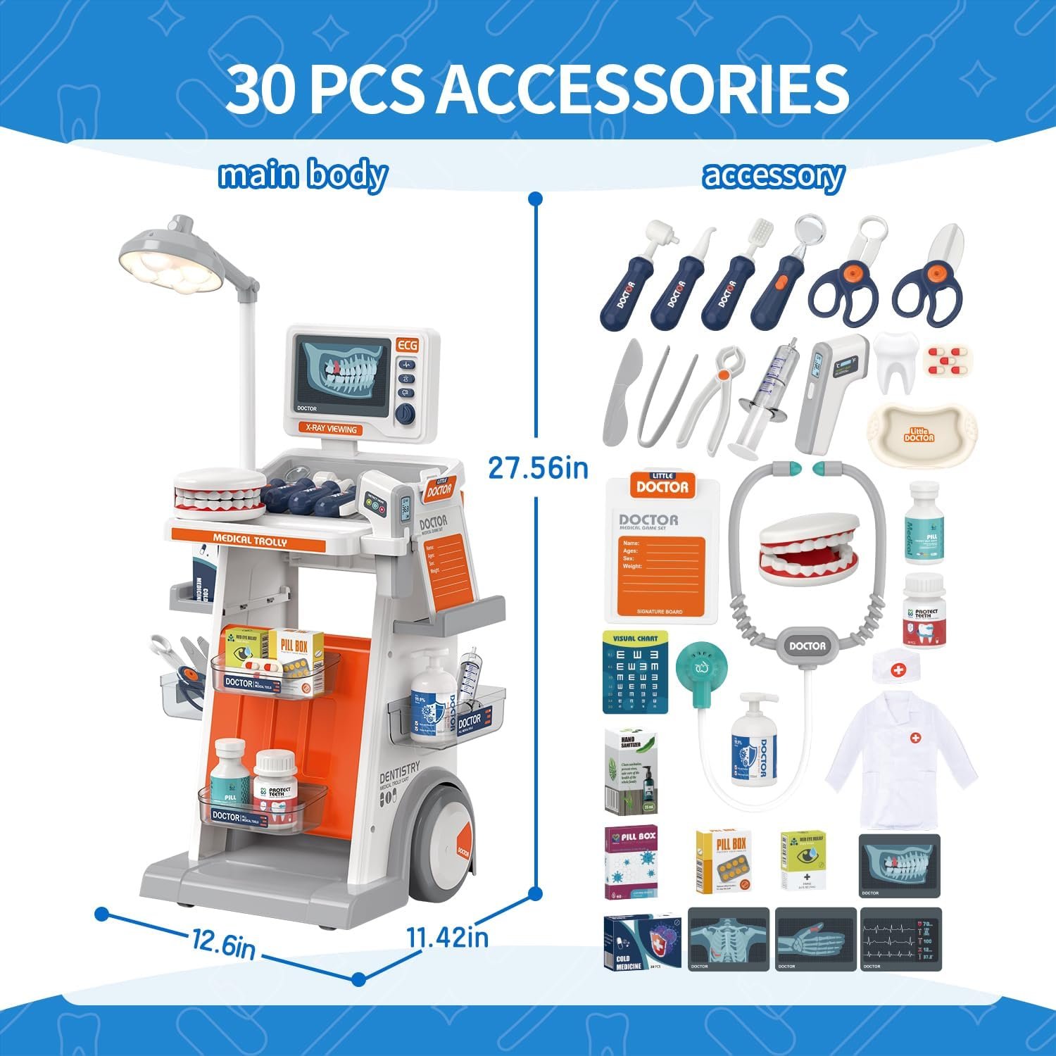 Doctor Kit for Kids 32 Accessories Pretend Medical Station Set for Boys & Girls Mobile Cart with Kids Dentist Play Set for Ages 3 and up Children Role Play Educational Toys image number 1