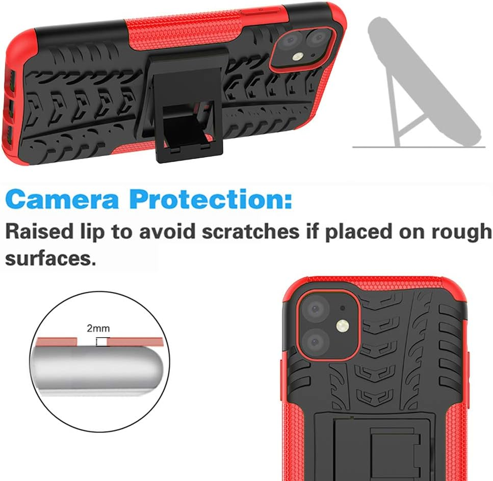 Phone Case for Apple Iphone 11 6.1 with Tempered Glass Screen Protector Cover and Stand Kickstand Hard Rugged Hybrid Heavy Duty Cell Accessories Iphone11Case Iphone11 I Phone11 XI 11R Cases Red image number 6