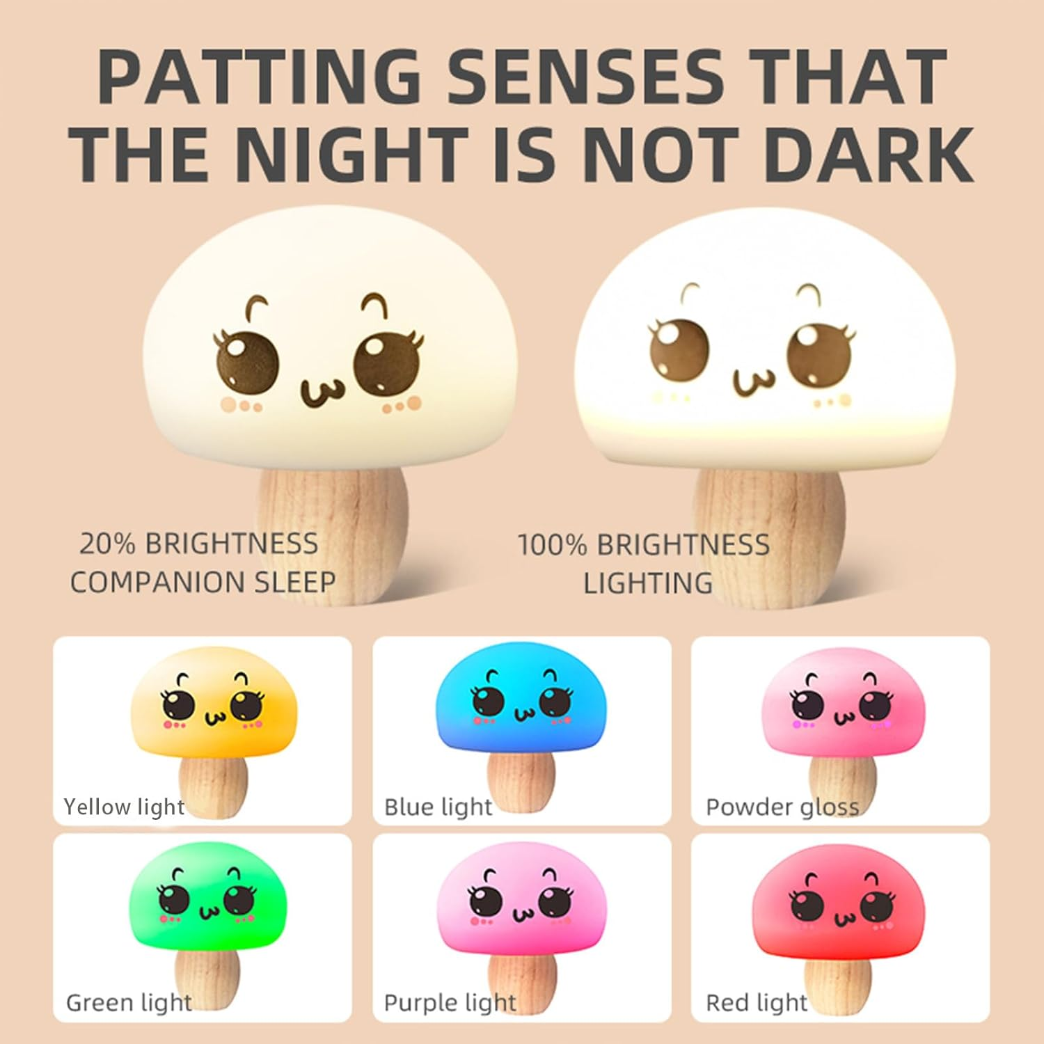 Pat Dimmable Night Light, Log Mushroom Lamp with 2 Modes and 7 Lighting Effects, RGB Breathing Table Lamp, USB Rechargeable Atmosphere Light Suitable for Children'S Room, Bedroom, Bedside Table, Etc. image number 6