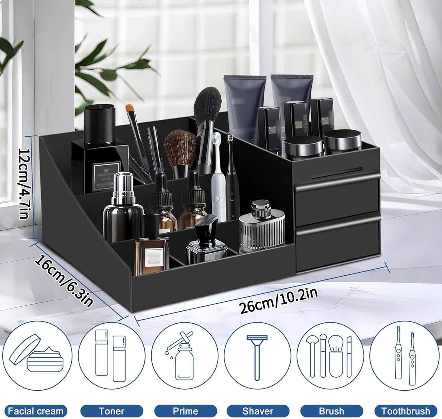 Black Perfume Display Stand with Drawers, Countertop Organizer for Perfume, Cologne, and Accessories, Bathroom Storage Rack for Men and Women, Multi-Purpose Vanity Organizer (26 X 16 X 12 Cm) image number 4