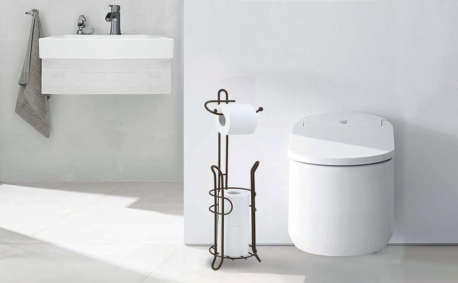 Sunnypoint Bathroom Toilet Tissue Paper Roll Storage Holder Stand with Reserve, the Reserve Area Has Enough Space to Store Mega Rolls; Coating Bronze image number 6