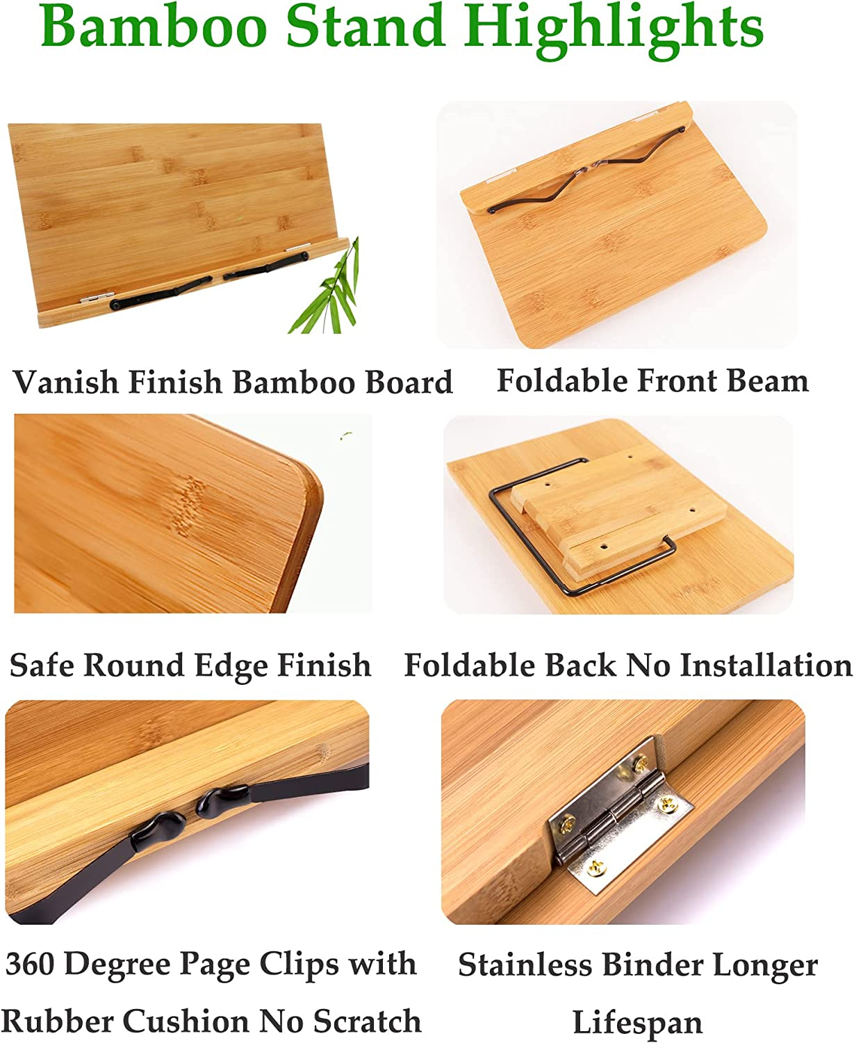 Desktop Bamboo Book Stand with Adjustable Six Angles, Portable Cookbook Stand with Flexible Page Holder Clips, Recipe Stand, Foldable Reading Holder Stand (Medium, Size: 34 X 24 Cm)