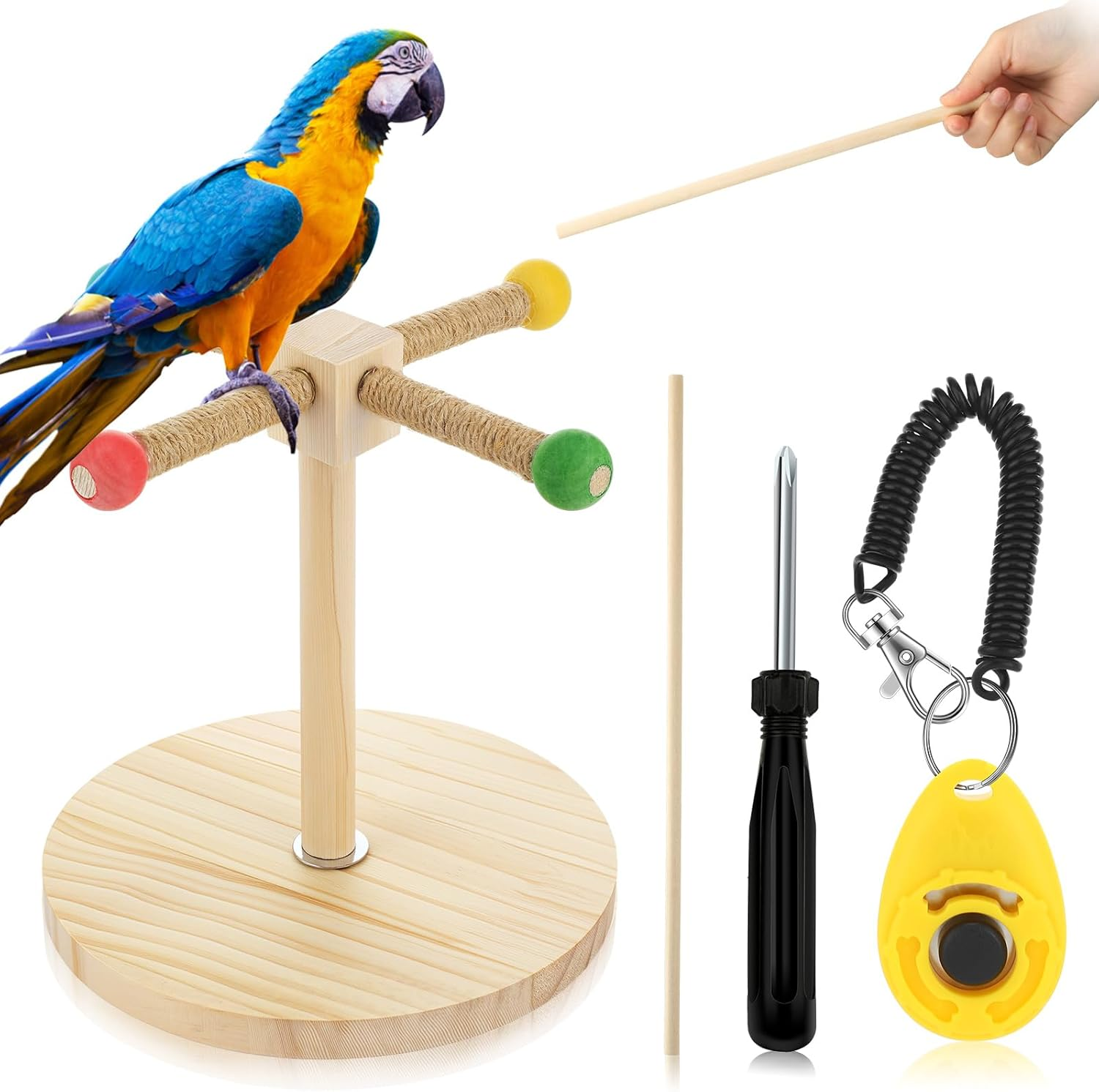 Cunno 3 Pcs Bird Training Stand Kit, Parrot Training Clicker Portable Tabletop Bird Perch and Target Stick, Wooden Spin Perch Clickers with Wrist Strap for Parakeet Conure Lovebird Cockatiel (Spin) image number 4