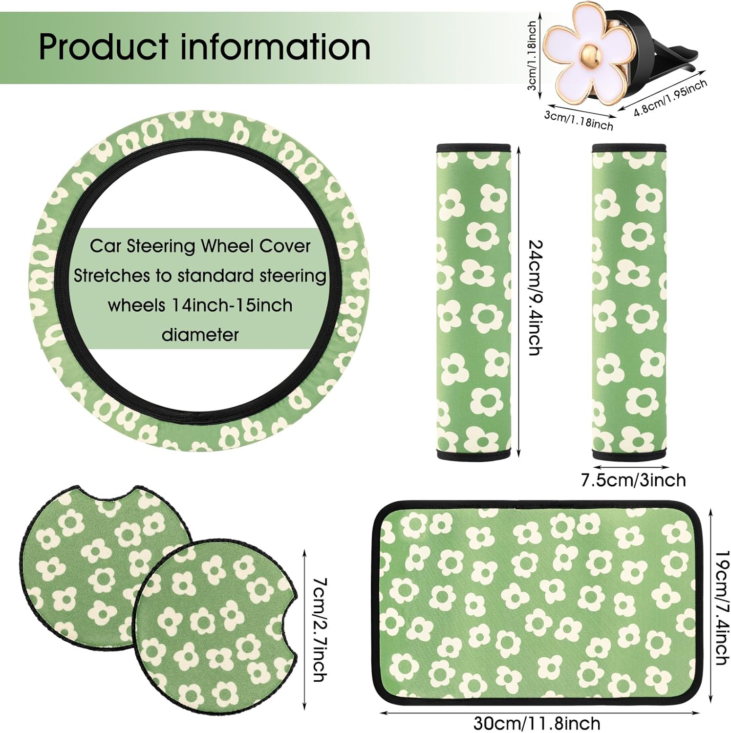 Frienda 10 Pcs Vintage Groovy Car Accessories Set - Floral Steering Wheel Cover, Air Vent Clips, Center Console Armrest Cushion, Car Cup Mats, Seat Belt Covers (Green, White)