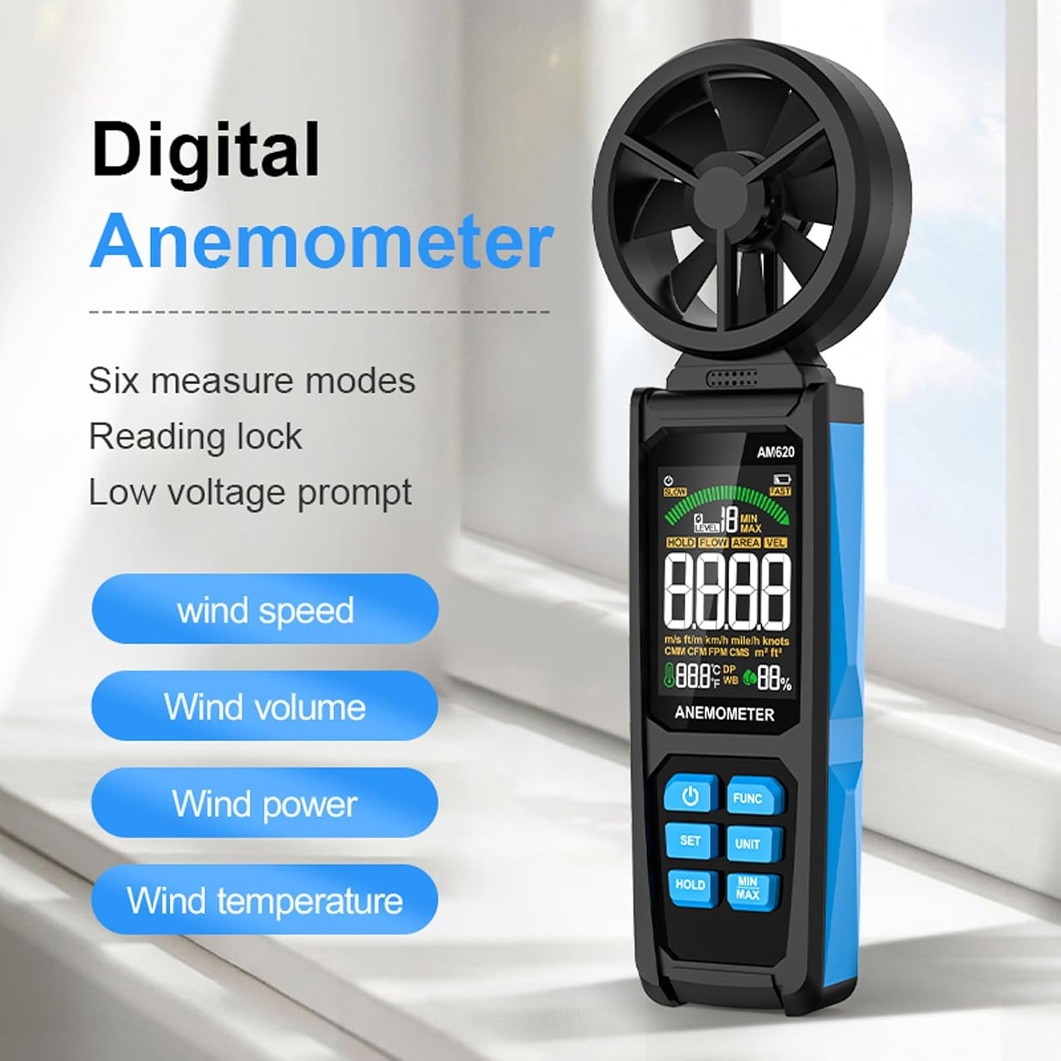Digital Anemometer with Eight Blades and Sensor ABS Air Velocity Meter 180&deg; Rotating Fan with Backlit Screen for Wind Energy Meteorology image number 4