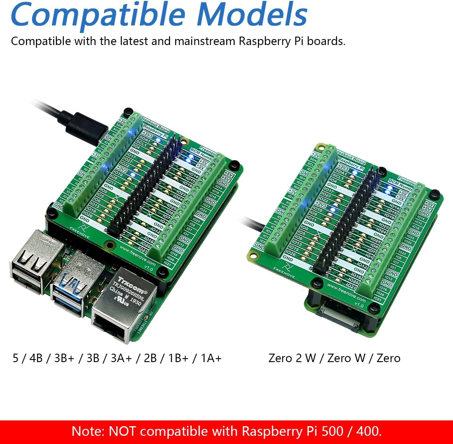 Freenove Breakout Board for Raspberry Pi 5 / 4B / 3B+ / 3B / 3A+ / 2B / 1B+ / 1A+ / Zero 2 W/Zero W/Zero, Terminal Block Shield HAT with Pin Header, GPIO Status LED image number 4