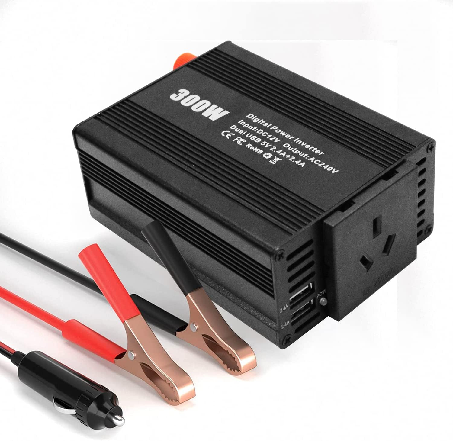300W Pure Sine Wave Power Inverter DC 12V to AC 240V Car Plug Inverter Adapter Power Converter with 2.4A Dual USB Charging Ports and AC Outlets Car Charger for Smartphones Laptops Tablets,Etl Listed