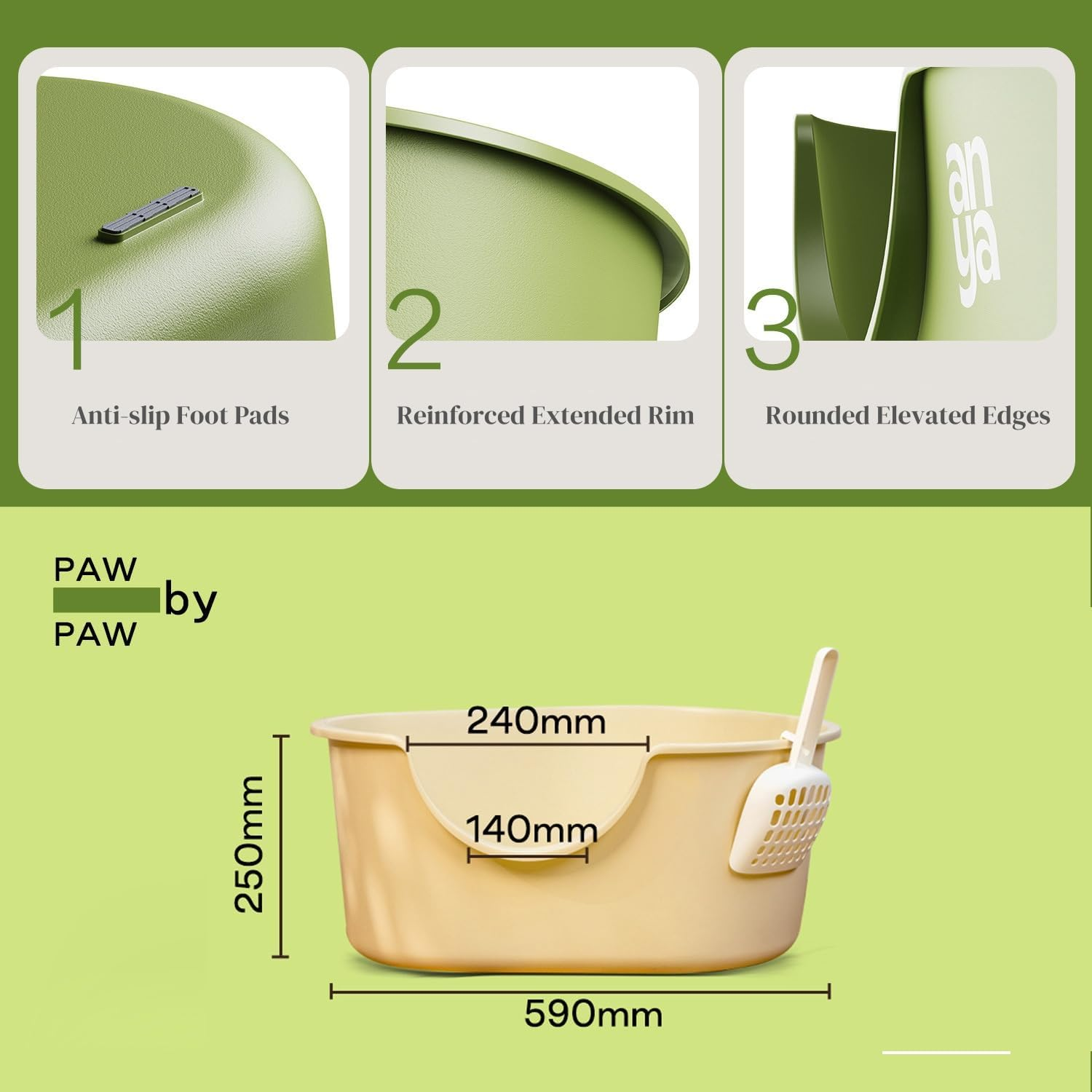 Cat Litter Tray Cat Litter Scoop Large Pet Toilet Box Kitty High Wall Green Tray,Large Open Top Cat Litter Box with Scooper and Anti-Slip Mat,59Cm Length image number 4