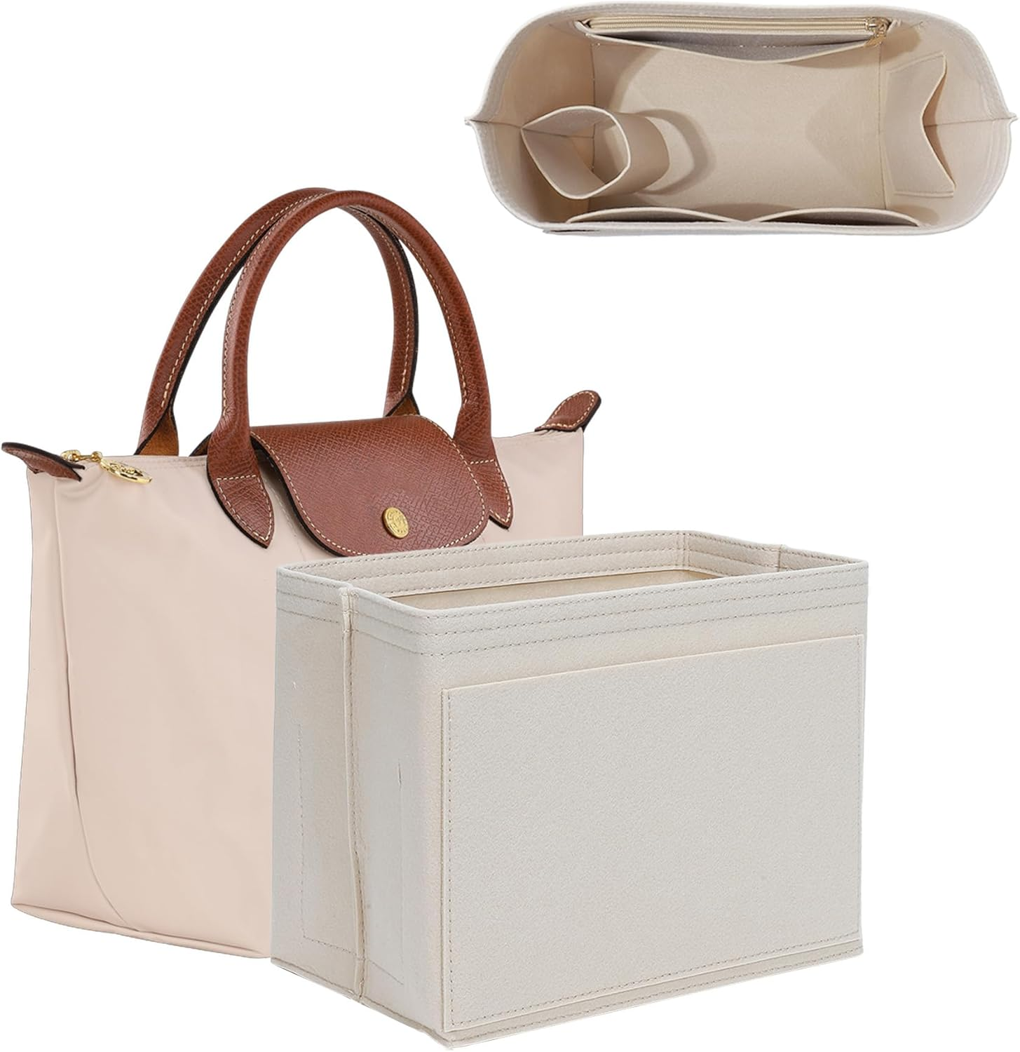 Oaikor Premium Felt Purse Organizer Insert for Longchamp Le Pliage S Handbag,Zipper Small Handbag Organizer with Cup Holder,Bags Storage Divider with 8 Upgraded Deepened Compartments,S/Beige image number 4