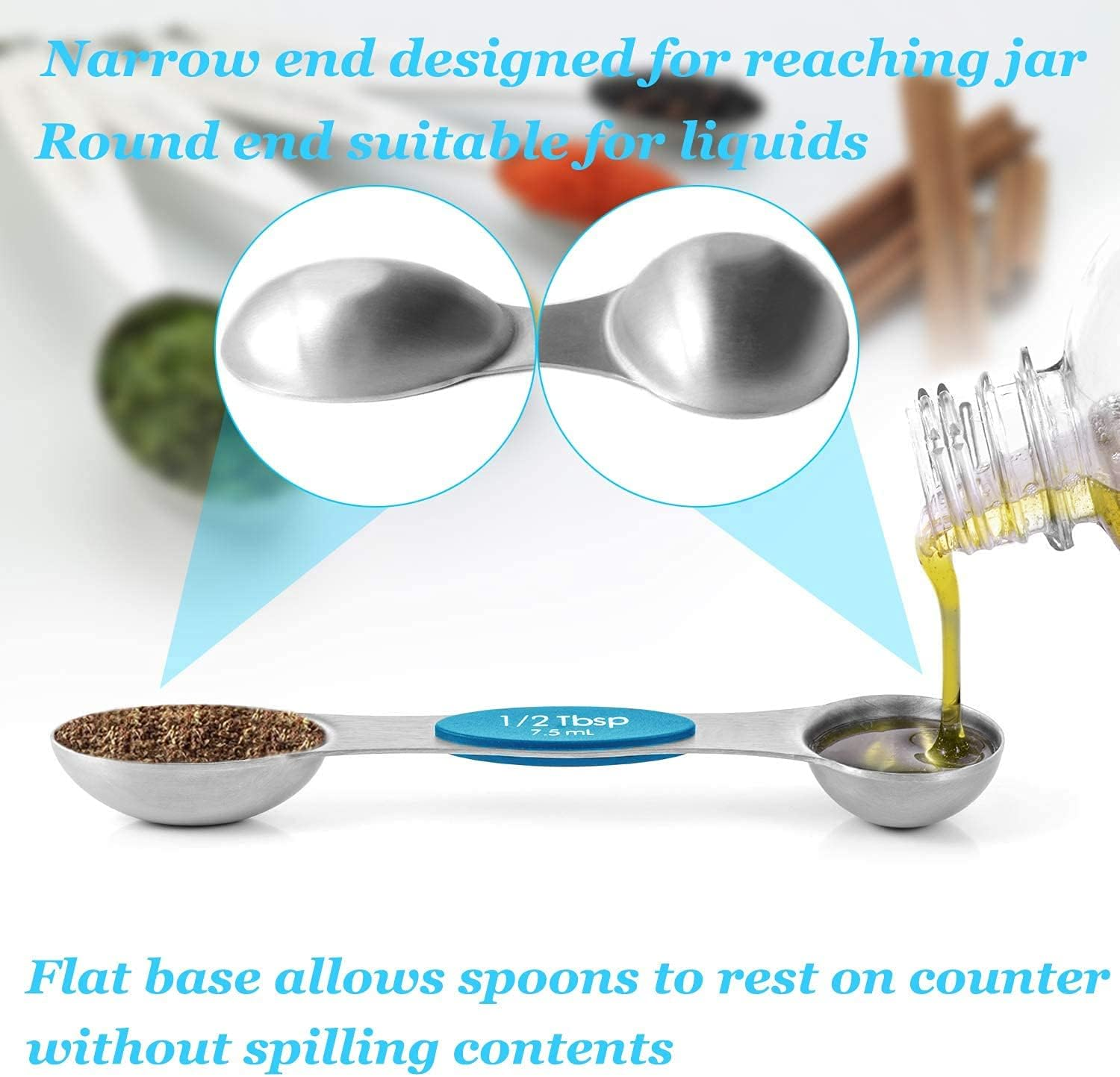 Magnetic Measuring Spoons Set of 8 with Leveler Stainless Steel Stackable Upgraded Colourful Double Sided Teaspoon/Tablespoon/Milliliter Kit for Kitchen Dry/Liquid Ingredients,Fits in Spice Jars image number 5