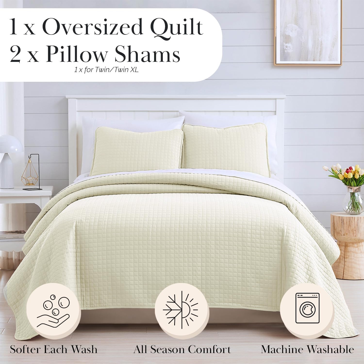 Southshore Fine Living, Inc. Oversized King Quilt Bedding Set, Soft Brushed Microfiber, Wrinkle-Free, Stain and Pet Hair Resistant Bedding, California/King Size Quilt Coverlet Set W/2 Shams, Cream