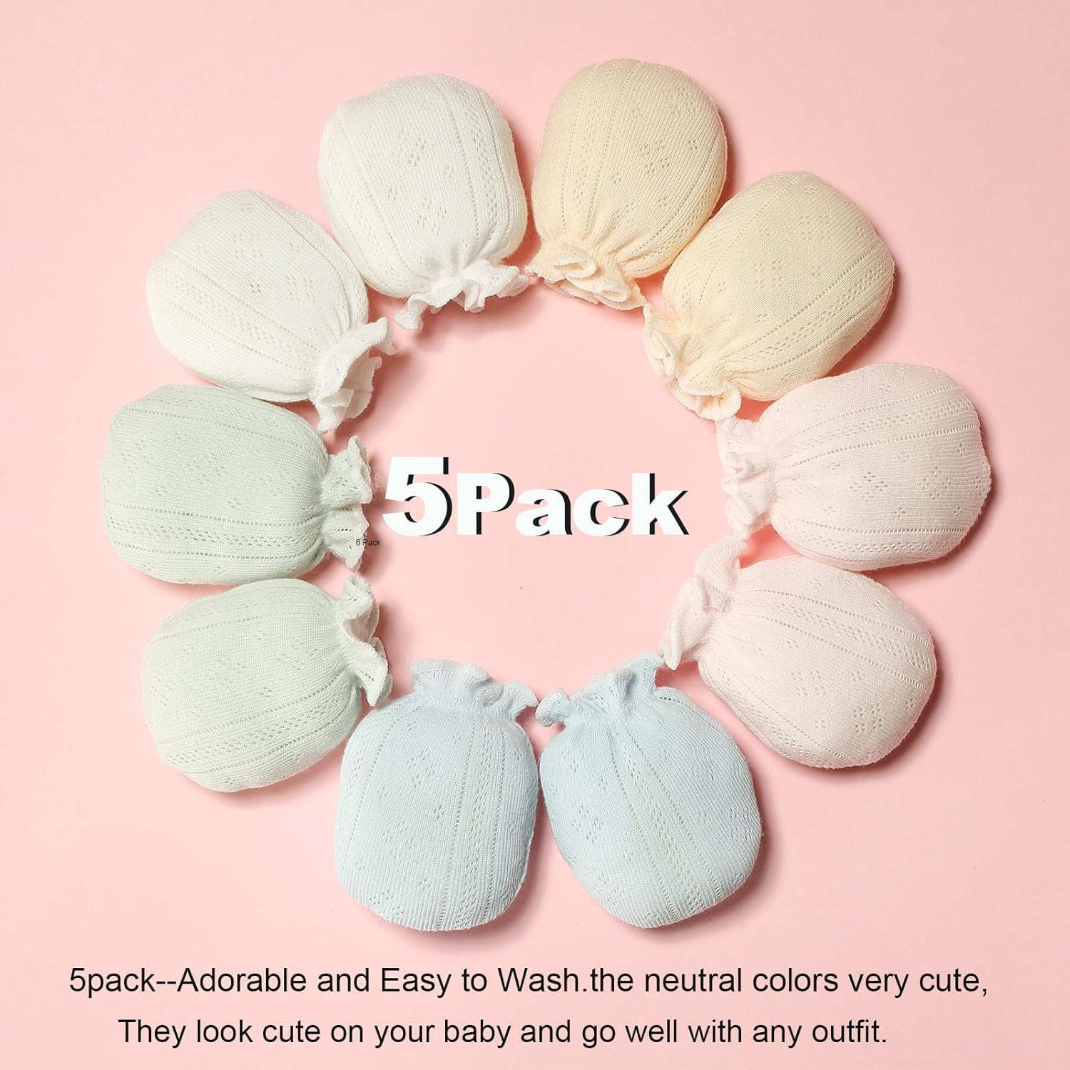 MOMSMENU Newborn Mittens No Scratch 100% Cotton Mitts Baby Mittens 0-6Months 5 Packs image number 5