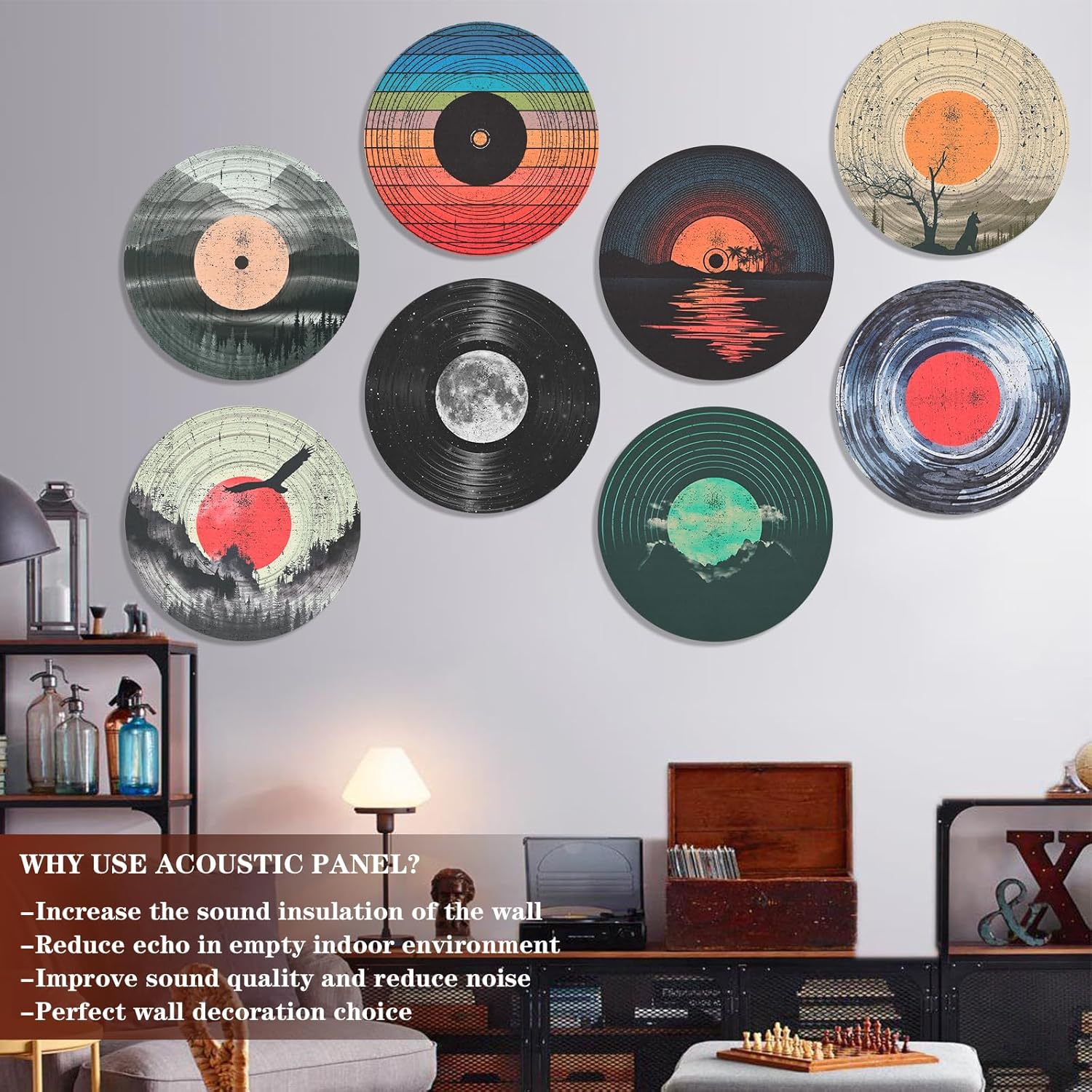 Atawlege 8 Pack Art Acoustic Panels, 14"X14"X0.4" round Self-Adhesive Soundproof Wall Panels, Unique Retro Record Decor Sound Absorbing Panels for Studio Home Office image number 5