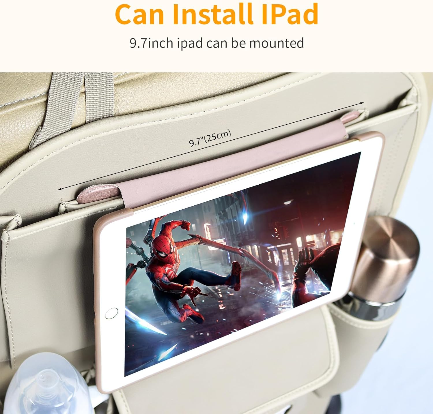 Car Seat Organizers Waterproof Backseat Protector with Storage Pocket Large Leather Kick Mats for Kids Pets Automobile SUV Truck (Beige, Large Pocket) image number 2