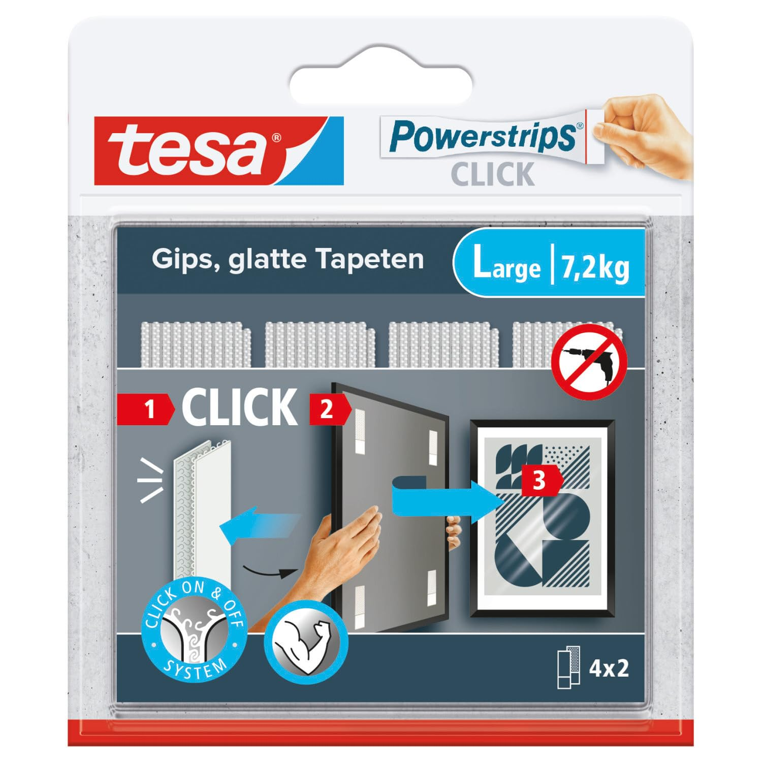 Tesa Powerstrips Click - Velcro Adhesive Pads for Clicking on and off Picture Frames and Wall Decorations No Drilling - Self-Adhesive Velcro Strips with on and off Click System - Large - 4 X 2 Pieces