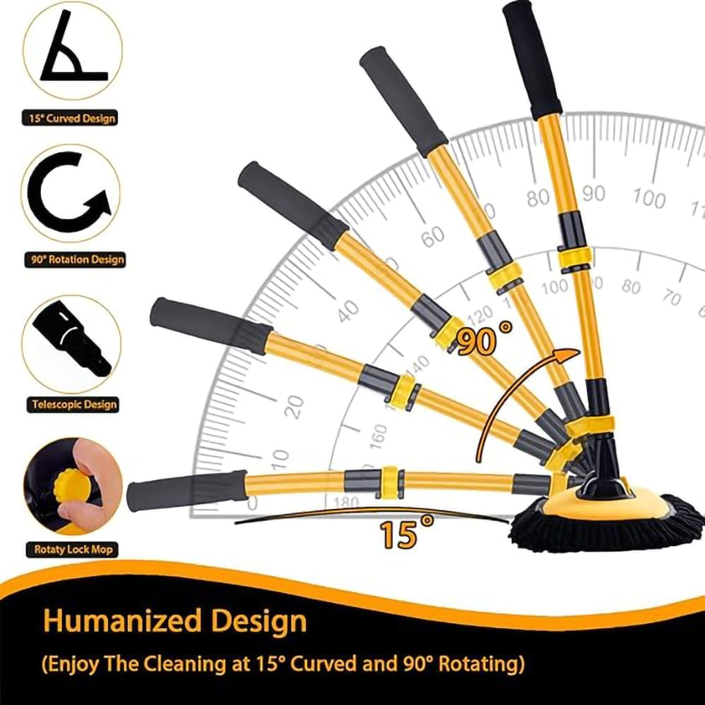 Mumoo Bear 15&deg; Curved Car Cleaning Brush with Telescopic Handle 43" Aluminum Alloy Long Rod Wash Mop for Washing Caravan Van Truck Boat RV Roof Soft Chenille Head Duster Clean Product Scratch Free image number 3