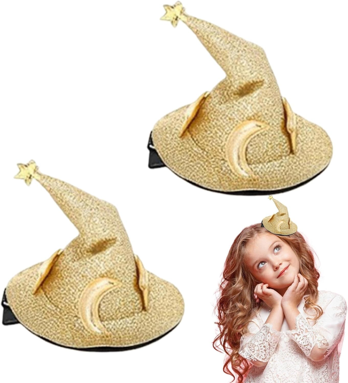 Halloween Hair Pins, Halloween Hair Clips - Pack of 2 Halloween Clothing Pin Hair Clip, Shiny Star and Moon Costume Headwear, Wizard Hat, Hair Pins for Women image number 2