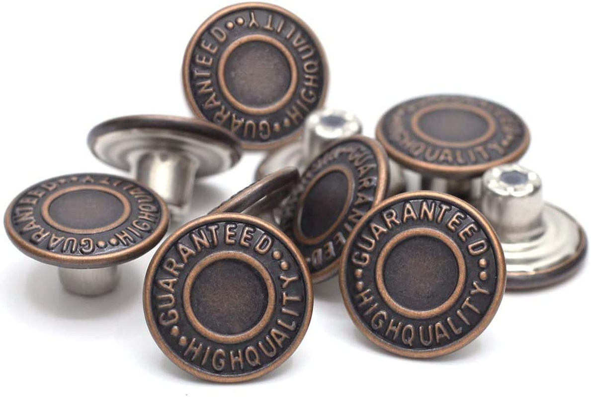 17Mm Brass Jeans Buttons, No Sew Metal Buttons Tack Buttons Replacement Kit (Red Copper)