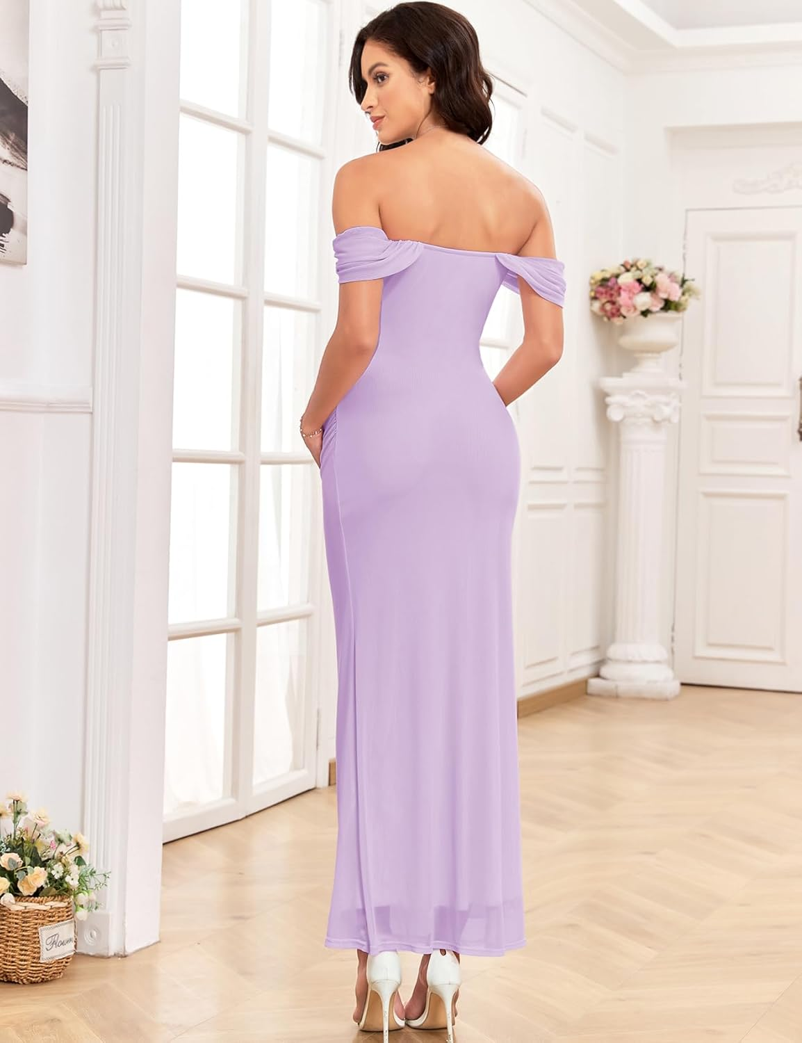 Women'S Maternity off the Shoulder Maxi Dress Mesh Ruched Bodycon Pregnancy Dresses Baby Shower Photoshoot image number 4