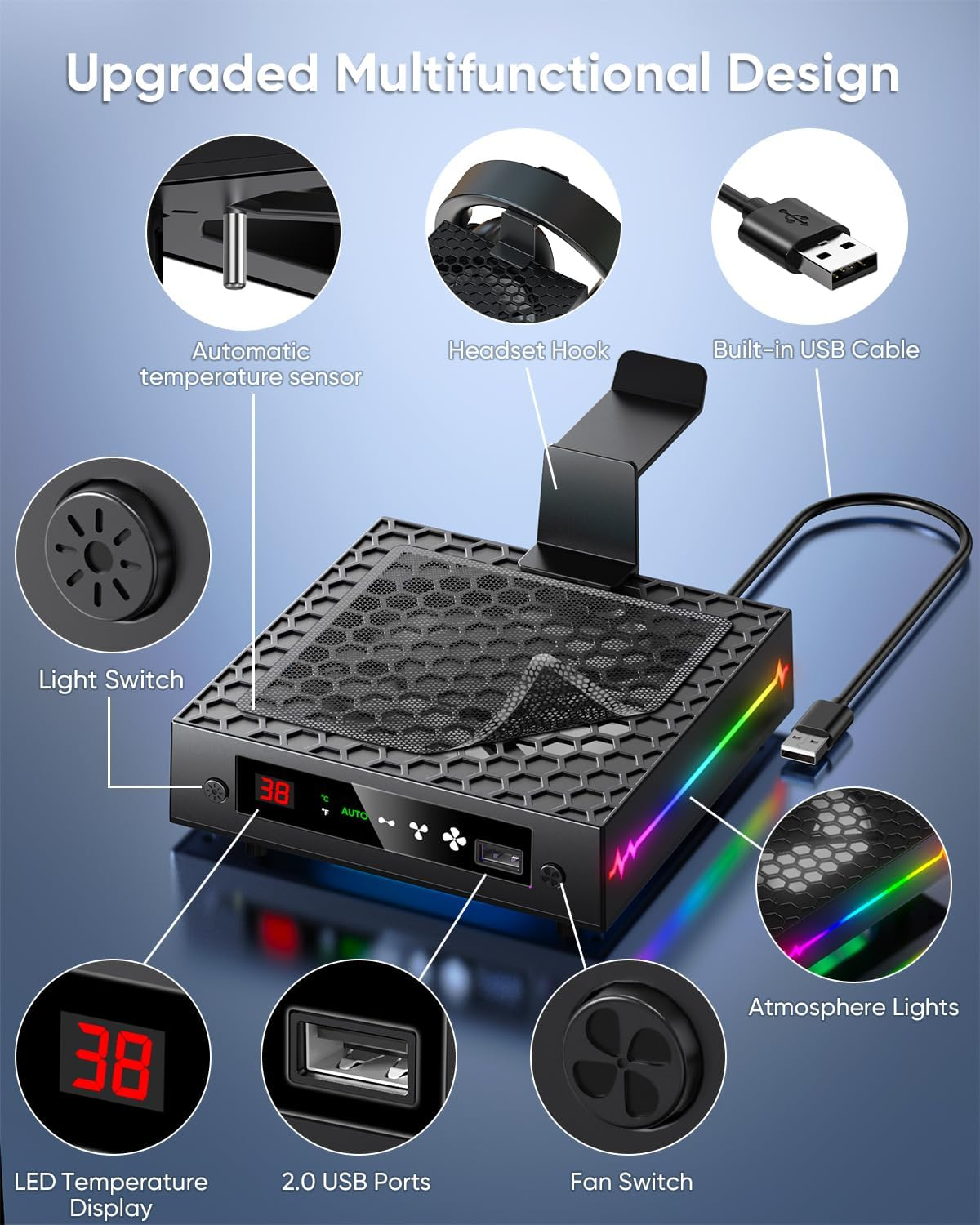 LED Display Auto Cooling Fan for Xbox Series X with 9 RGB Light Modes, Cooling System Adjustable by Temperature with 4 Gears for Xbox Series X Console, Cooler & Light Switch, Headset Hook, USB Port image number 3