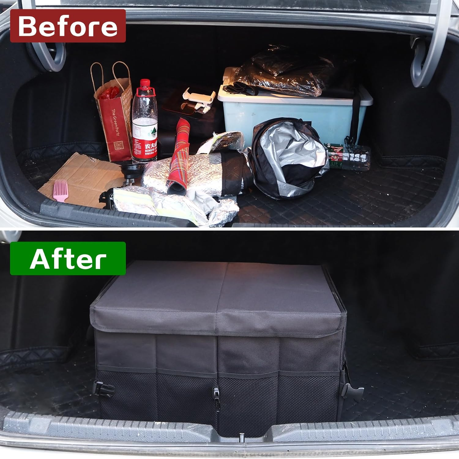 Car Boot Organizer with Lid, Collapsible Trunk Organizer with 12 Pocket, Non Slip Portable Multi Compartment Boot Tidy Sturdy Storage Box for Suvs, Sedans, Truck, Pickup Accessories (Black) image number 4