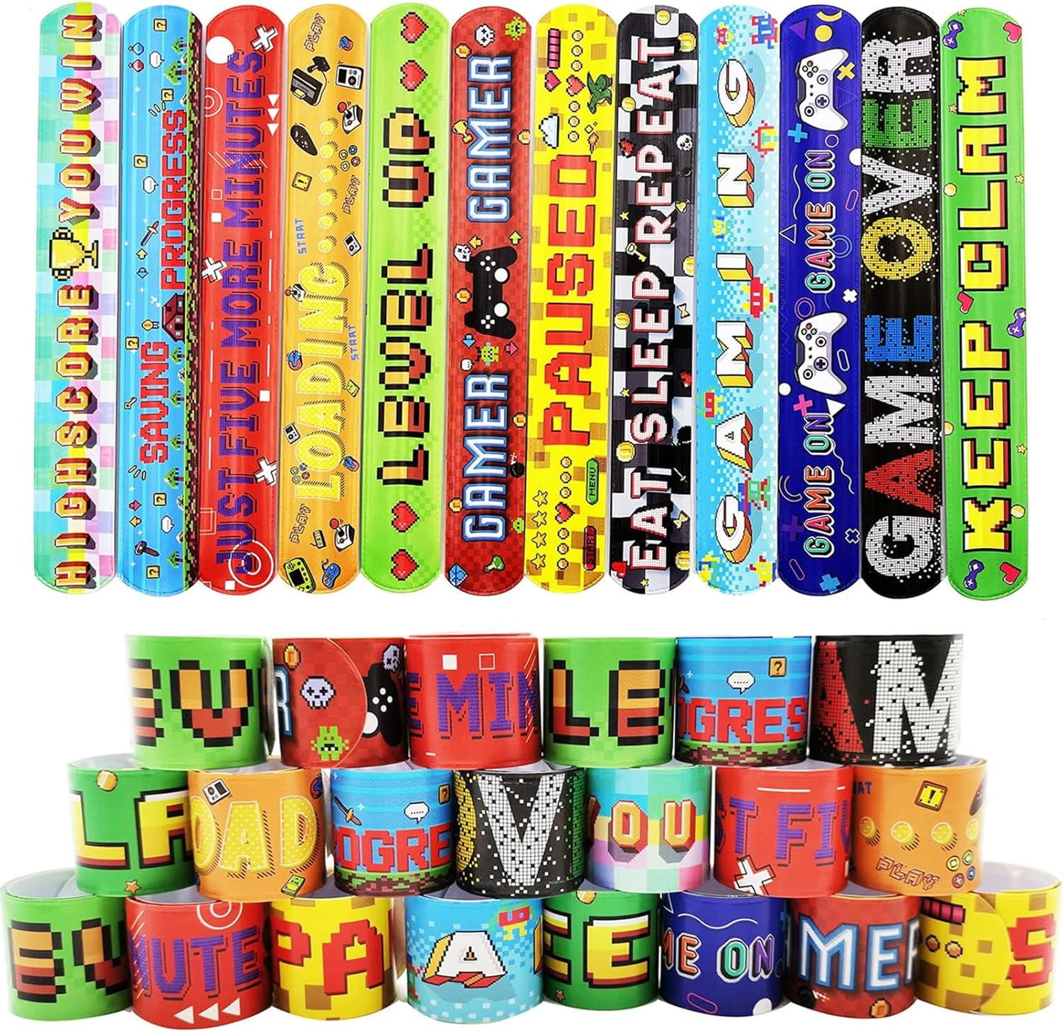 YAAVAAW 24Pc Gamer Slap Bracelet Band Bulk for Kids Boys Girls Gaming Party Bag Filler, Kids Gaming Accessory