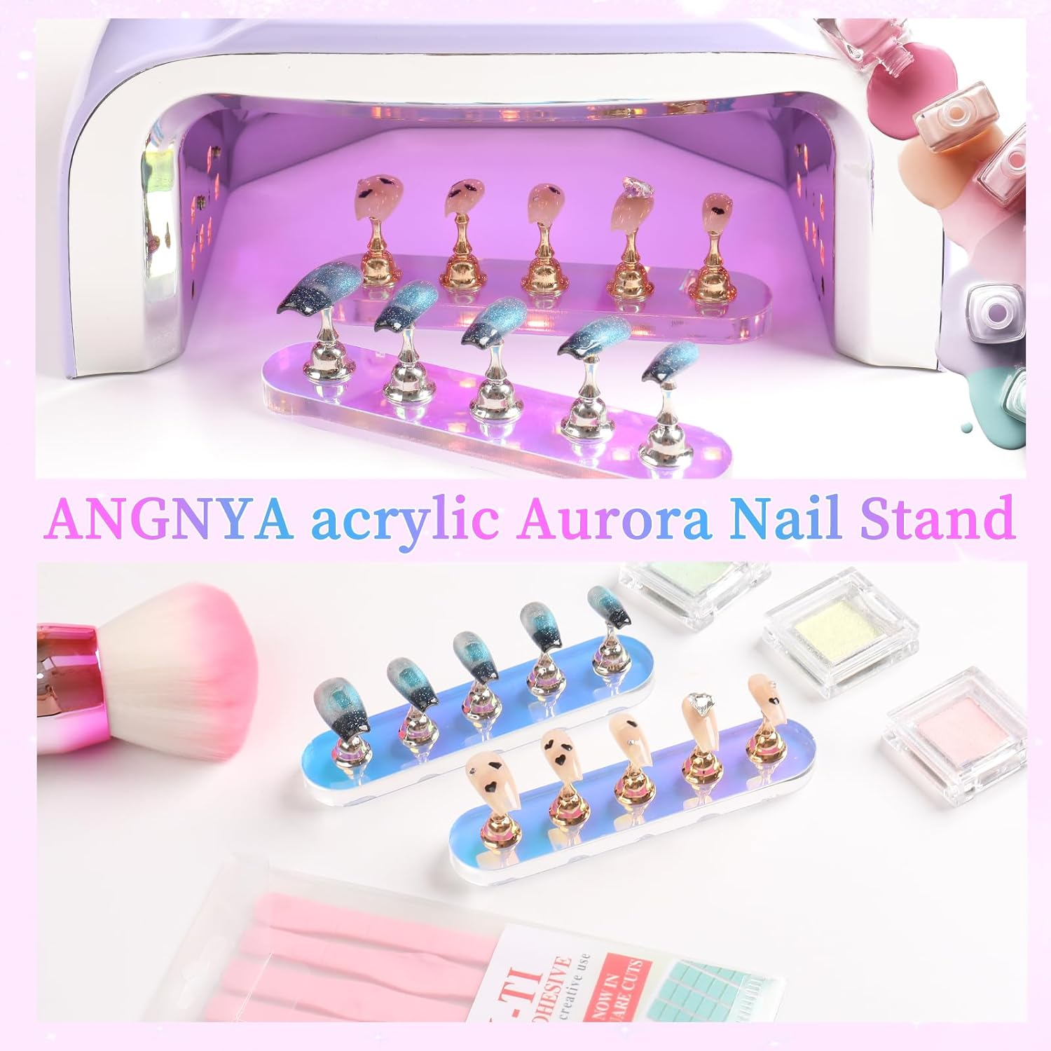 ANGNYA Nail Stand for Press On, 2 Set Aurora Nail Holder for Painting Nails Press on Nail Stands with 96 Pcs Reusable Sticky Putty for Nail Art Display Home & Salon Use (Round) image number 1