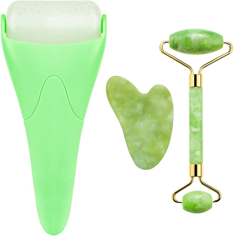 AECW 3-In-1 Natural Jade Roller and Gua Sha Set for Face and Eye Ice Roller Facial Cooling Massage Roller (Light Blue Ice Roller + Jade Roller + Gua Sha)