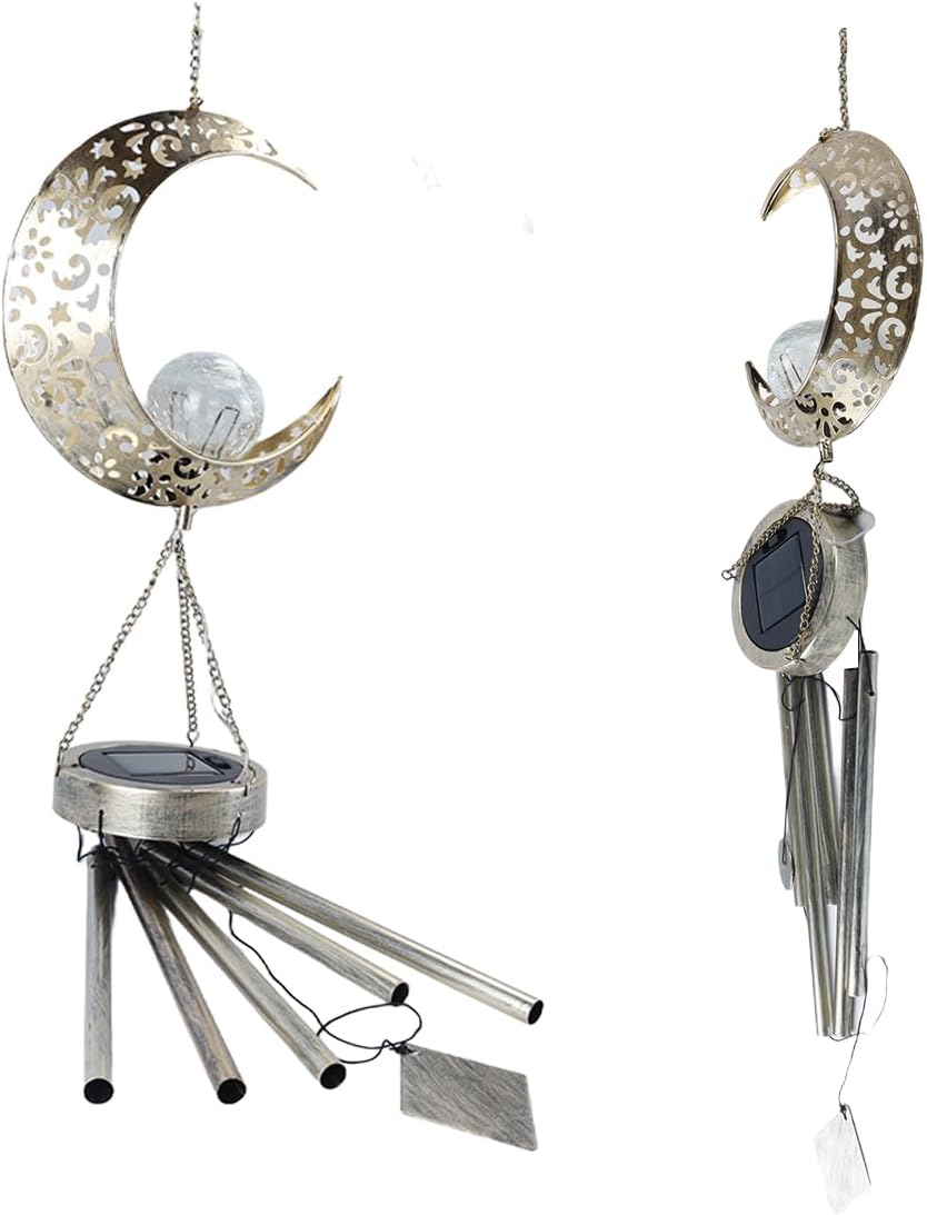 Ausi Sun Moon Solar Wind Spinner Light - Outdoor Garden Night Wind Bell Waterproof Chime Ambient Light Lamp - Lamp for Patio, Deck, Lawn, Yard, Patio, Deck, Garden (Moon) image number 2