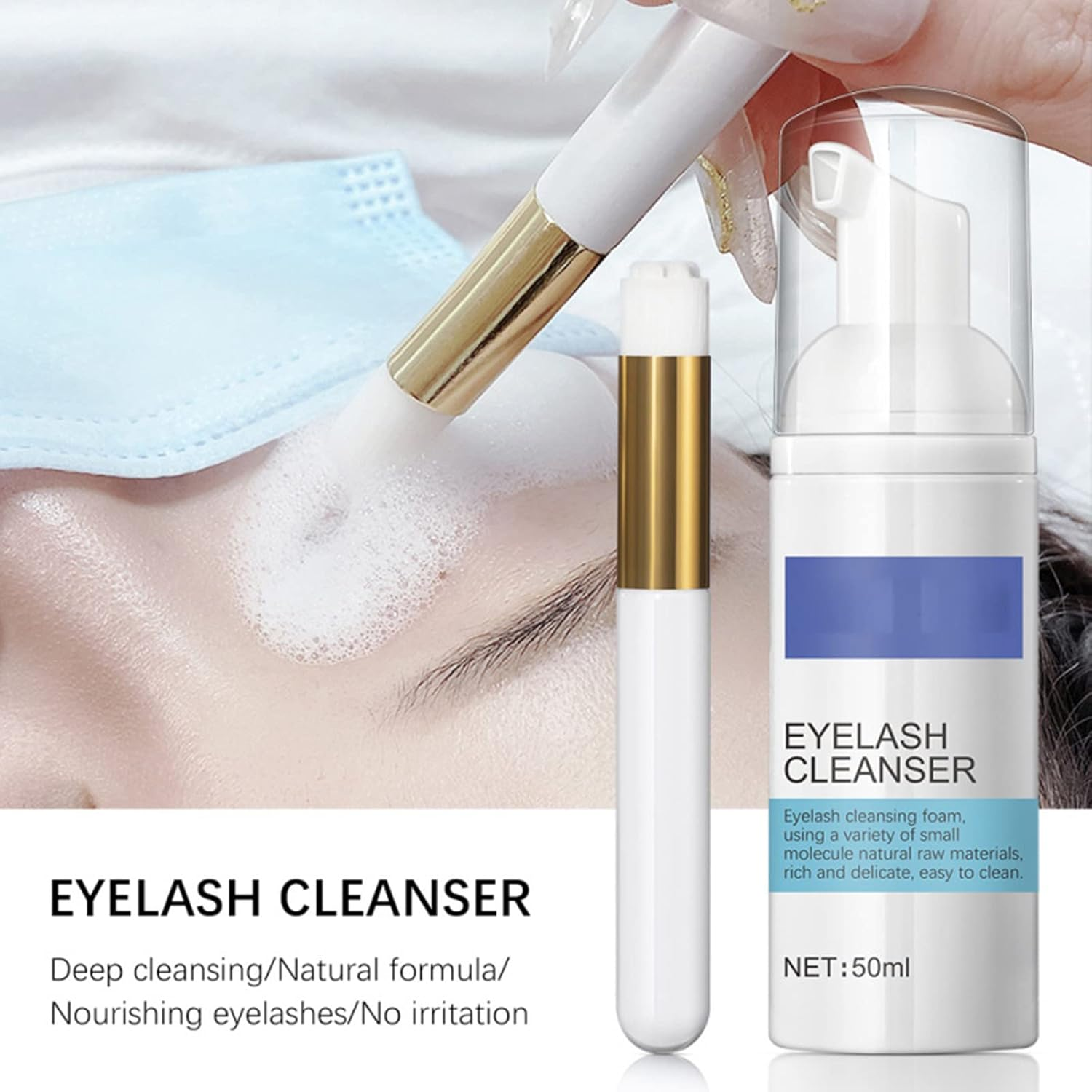 Eyelash Wash Cleanser Shampoo,Meizhaung Eyelash Cleansing Foam,50Ml Eyelashes Eyebrow Foaming Cleanser, for Extensions & Natural Lashes Safe Makeup & Mascara Remover image number 1