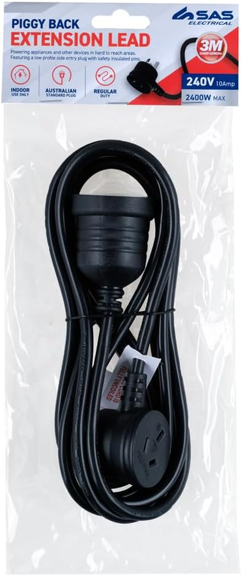 SAS Electrical 240V 10Amp Piggy Back Extension Lead, Black, 3 Meter Length image number 1