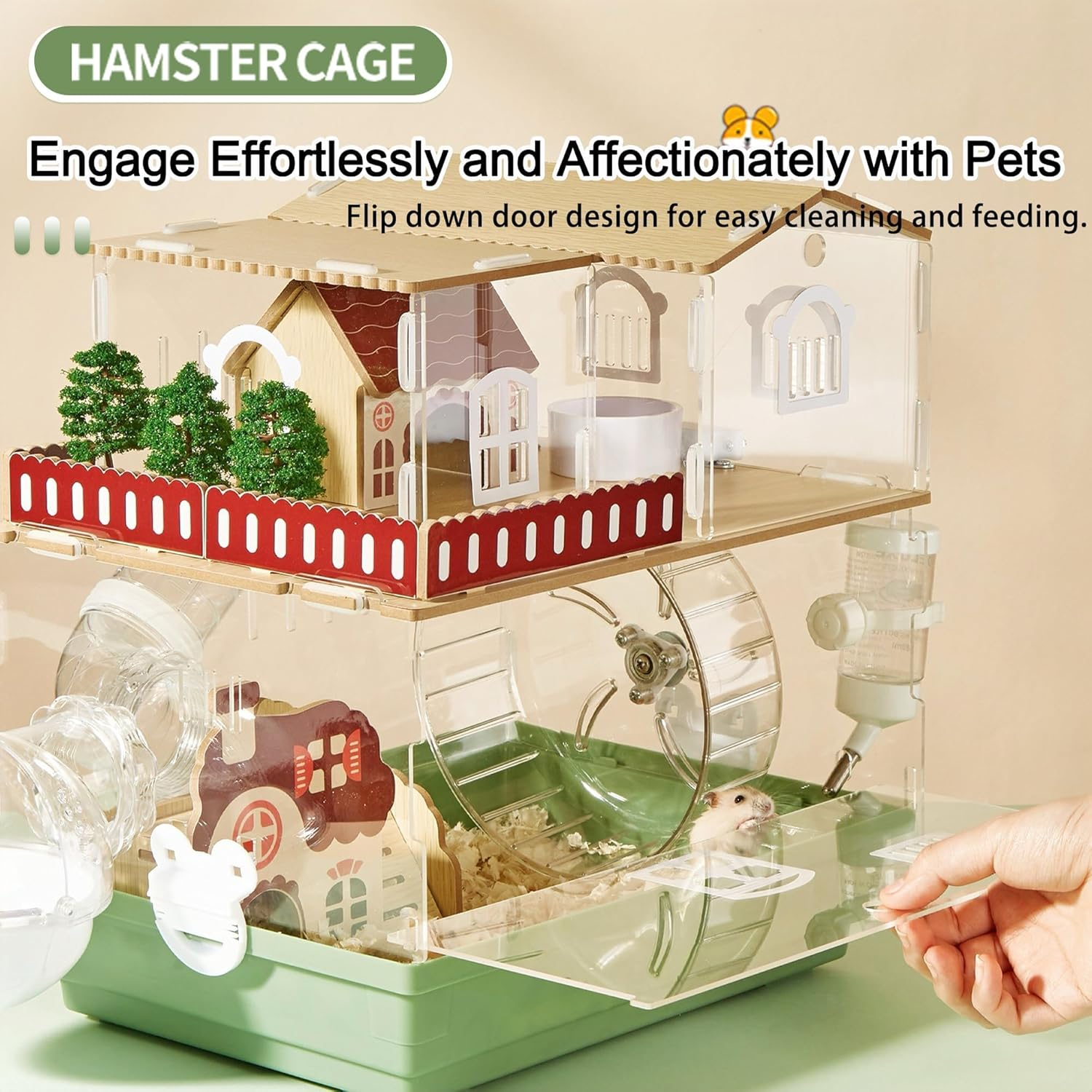 Acrylic Hamster Cage with Accessories, 34Cm L X 25Cm W X 38Cm H, 12-In-1 Clear Garden Style Mouse Enclosure (2-Layer) image number 4