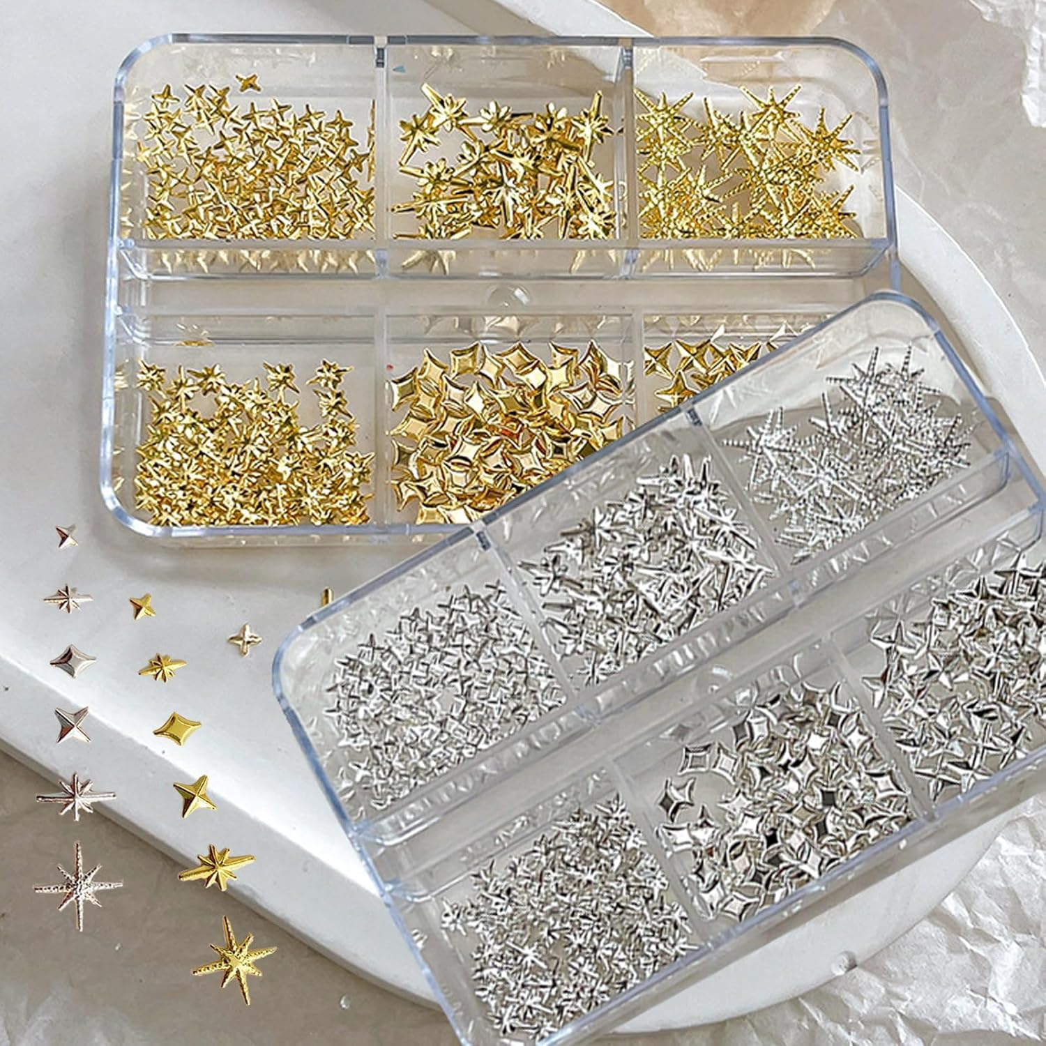 4 Boxes 24 Grids Star Nail Charms, Premium 3D Gold & Silvery Star Charms for Nails Art, Metallic Studs & Rhinestones Nail Jewelry Decorations, Manicure Kit Supplies for Women & Girls image number 1