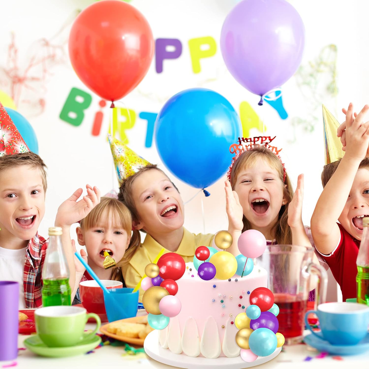 34Pcs Mini Balloon Cake Topper 5 Sizes Foam Cake Balls Cupcake Toppers 7 Colors Pink Gold Purple Yellow Red Blue Green Cake Insert Birthday Cake Toppers round Ball Baking Decor for Wedding Baby Shower