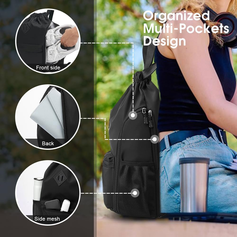 Sonicefit Drawstring Backpack Sports Gym Bag, Water-Resistant String Bag Cinch Bag with Shoe Compartment & Side Pockets for Adults Kids, Lightweight Sackpack for Yoga Beach Swimming Travel - Grey image number 4