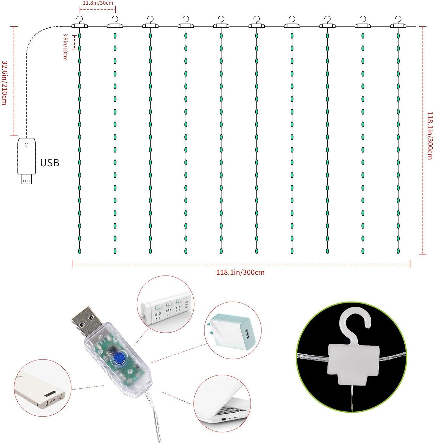 Harloon 300 LED Fairy Curtain Lights 2 Pack, 3Mx3M USB Plug-In 8 Modes Christmas Decoration, String Hanging Lights for Bedroom Backdrop Wedding Party Indoor Wall Decor, Warm White image number 6