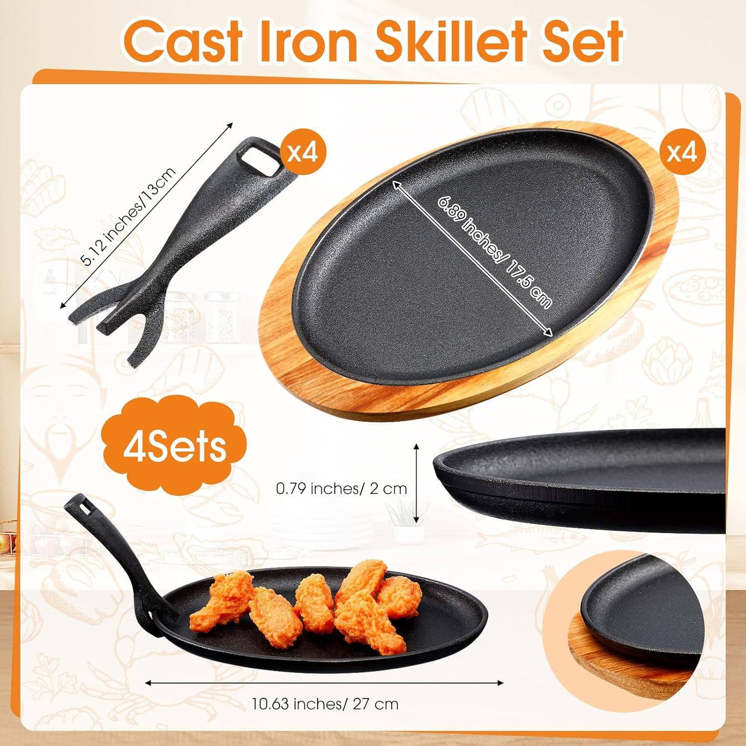 Cast Iron Skillet Set 10.63'' X 6.89'', Fajita Plate Sizzling Pan with Wooden Base anti Scald Protection Removable Handle for Restaurant Kitchen Cooking Accessory BBQ Party, XICEN Steak Pan (4 PCS)