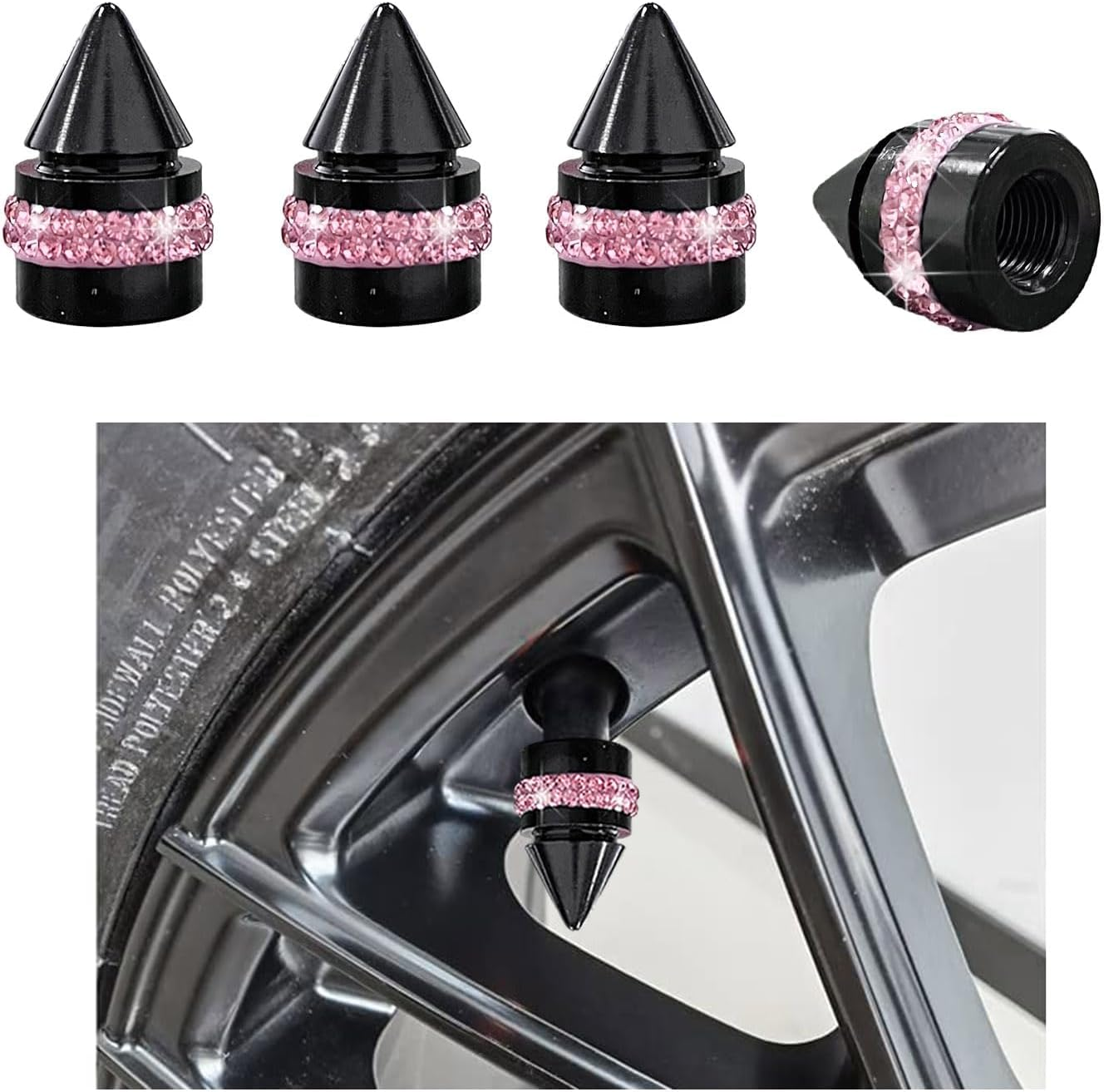 4 PCS Car Tire Valve Stem Caps, Bling Spiked Aluminium Alloy Tire Valve Stem Covers, Corrosion Resistant Auto Tire Air Dust Caps, Universal Car Accessories for All Vehicles (Pink) image number 4
