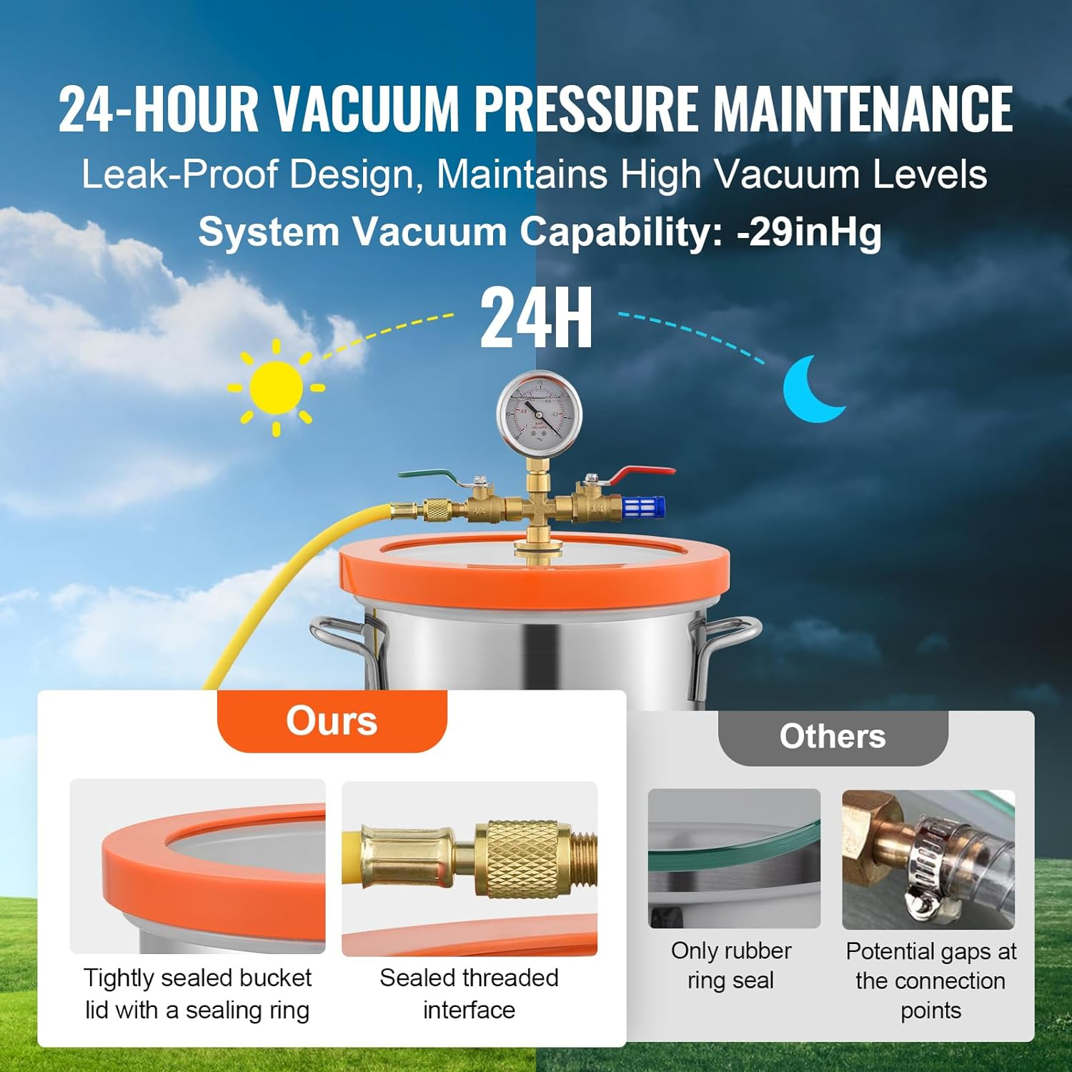 VEVOR 5 Gallon Vacuum Chamber, Upgraded Tempered Glass Lid Vacuum Degassing Chamber, 304 Stainless Steel Chamber, for Stabilizing Wood, Resin Degassing, Silicone Degassing and Plaster Degassing image number 3