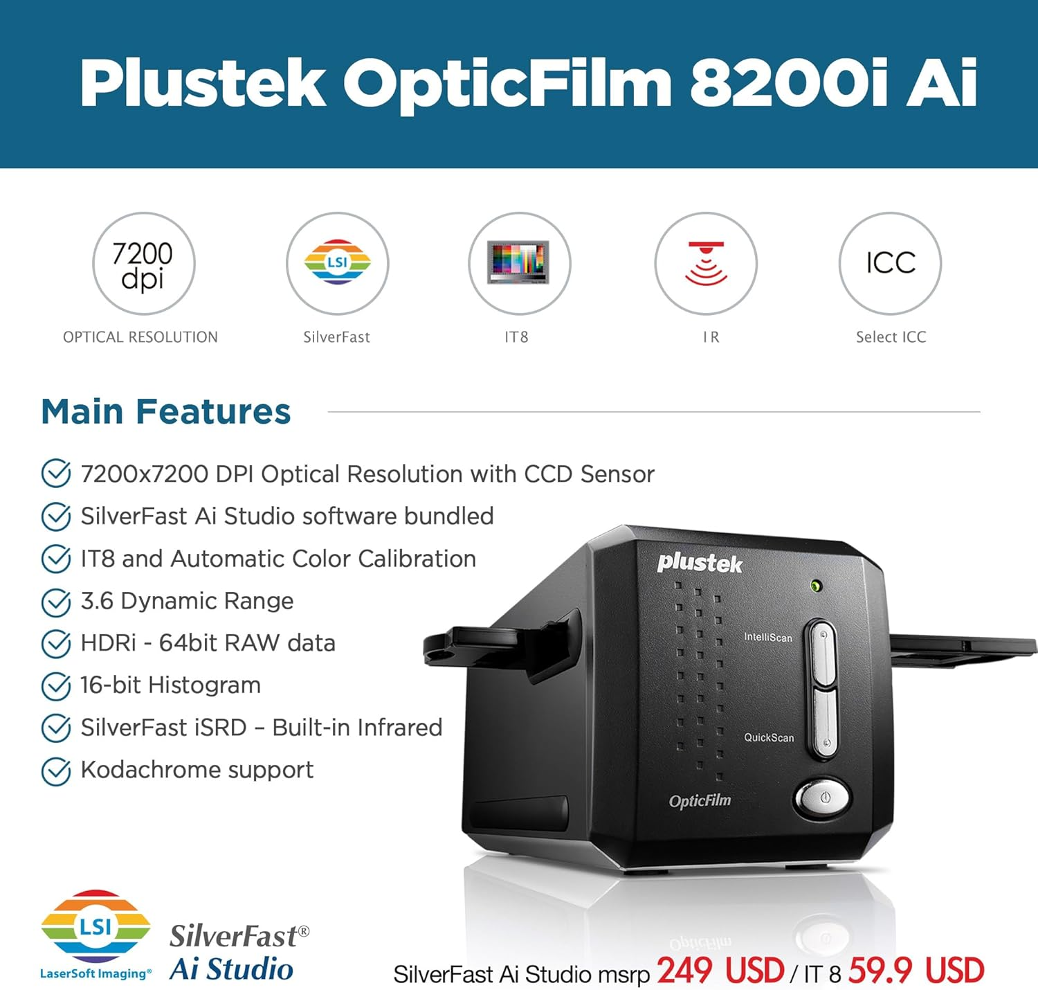 Plustek Opticfilm 8200I AI - 35Mm Film & Slides Scanner. IT 8 Calibration Target + Silverfast Ai Studio 9, 7200 Dpi Resolution 64Bit Hdri, Mac/Pc image number 4